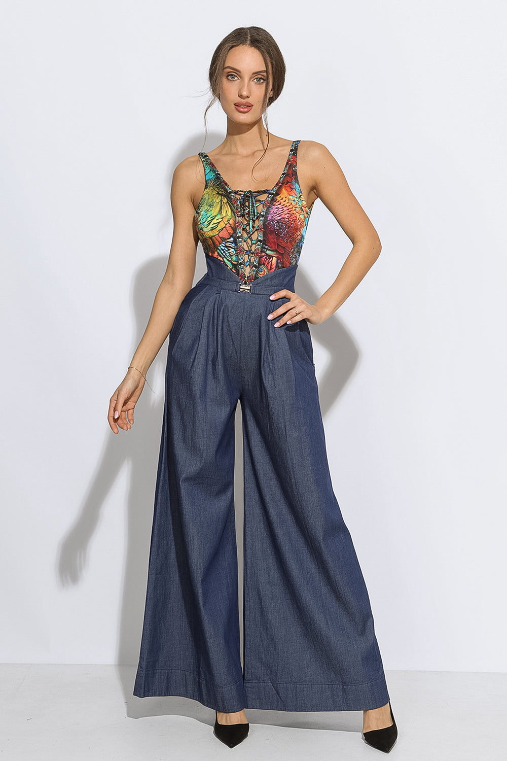HIGH WAIST WIDE LEG DENIM PANTS - ESSENTIALS