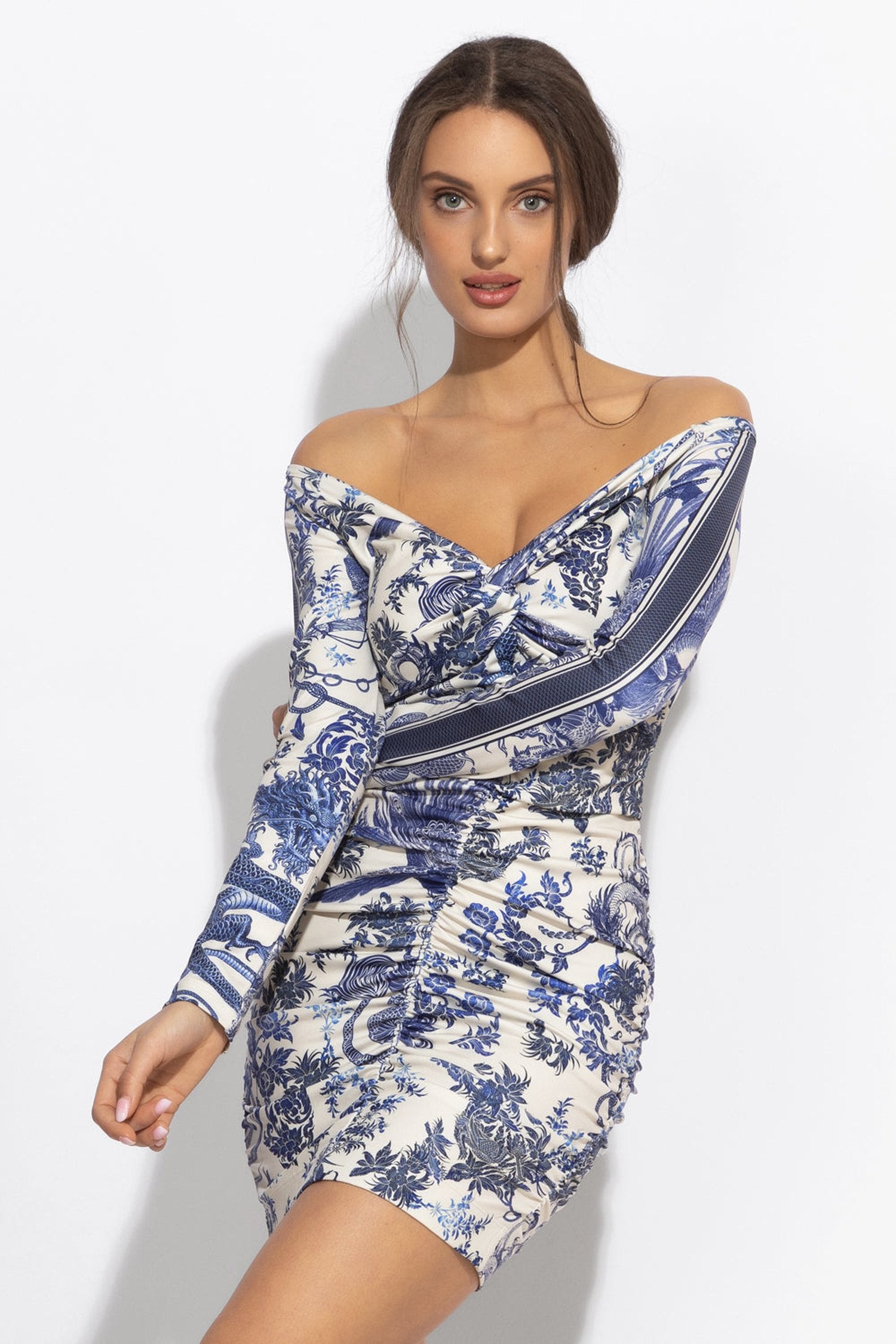 DRESS WITH FRONT KNOT AND RUCHING - ASIA SKY JIORO РОКЛЯ С ДЪЛЪГ РЪКАВ И НАБОРИ - ASIA SKY JIORO