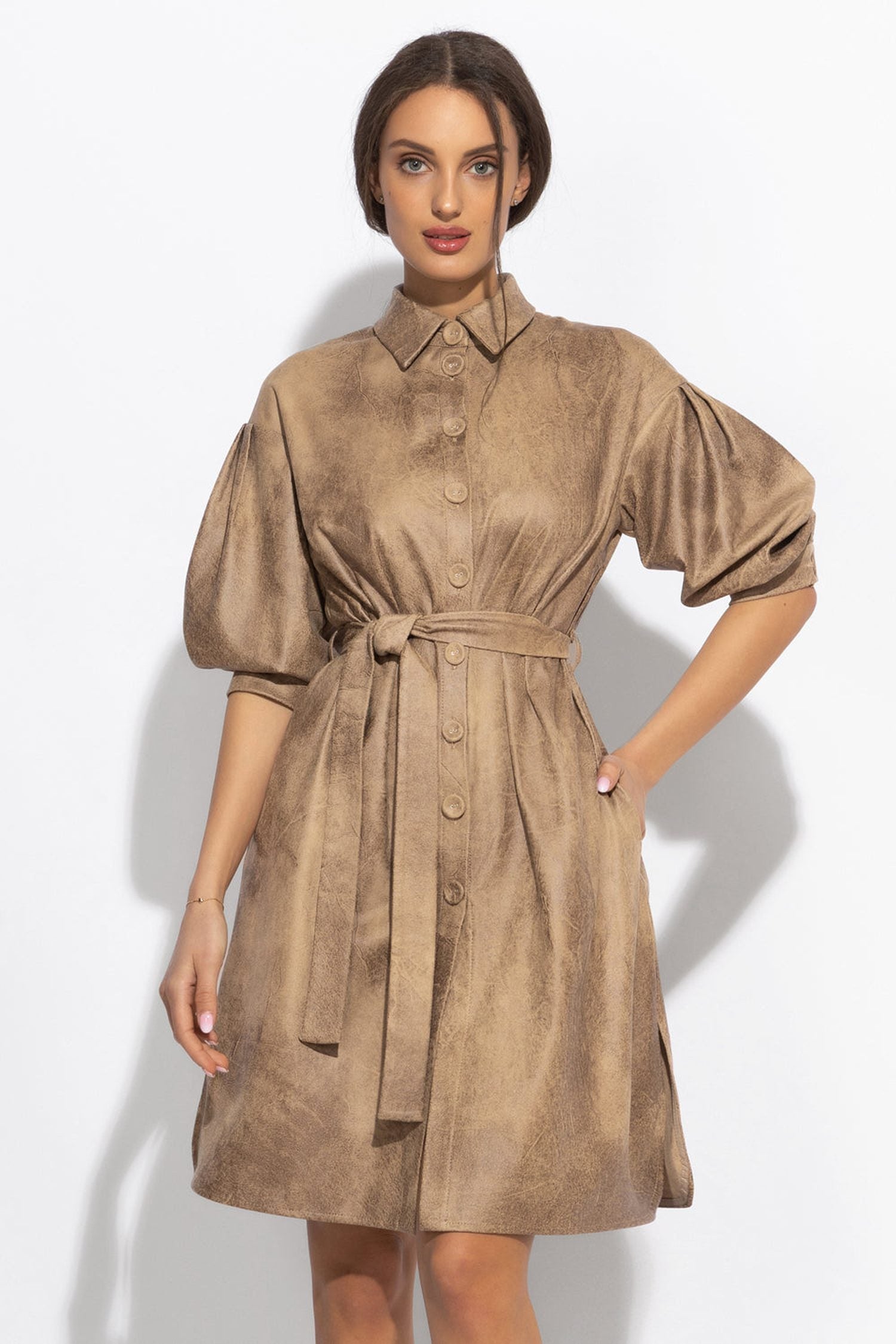 SUEDE-LOOK SHIRT DRESS IN CAPPUCINO - ESSENTIALS