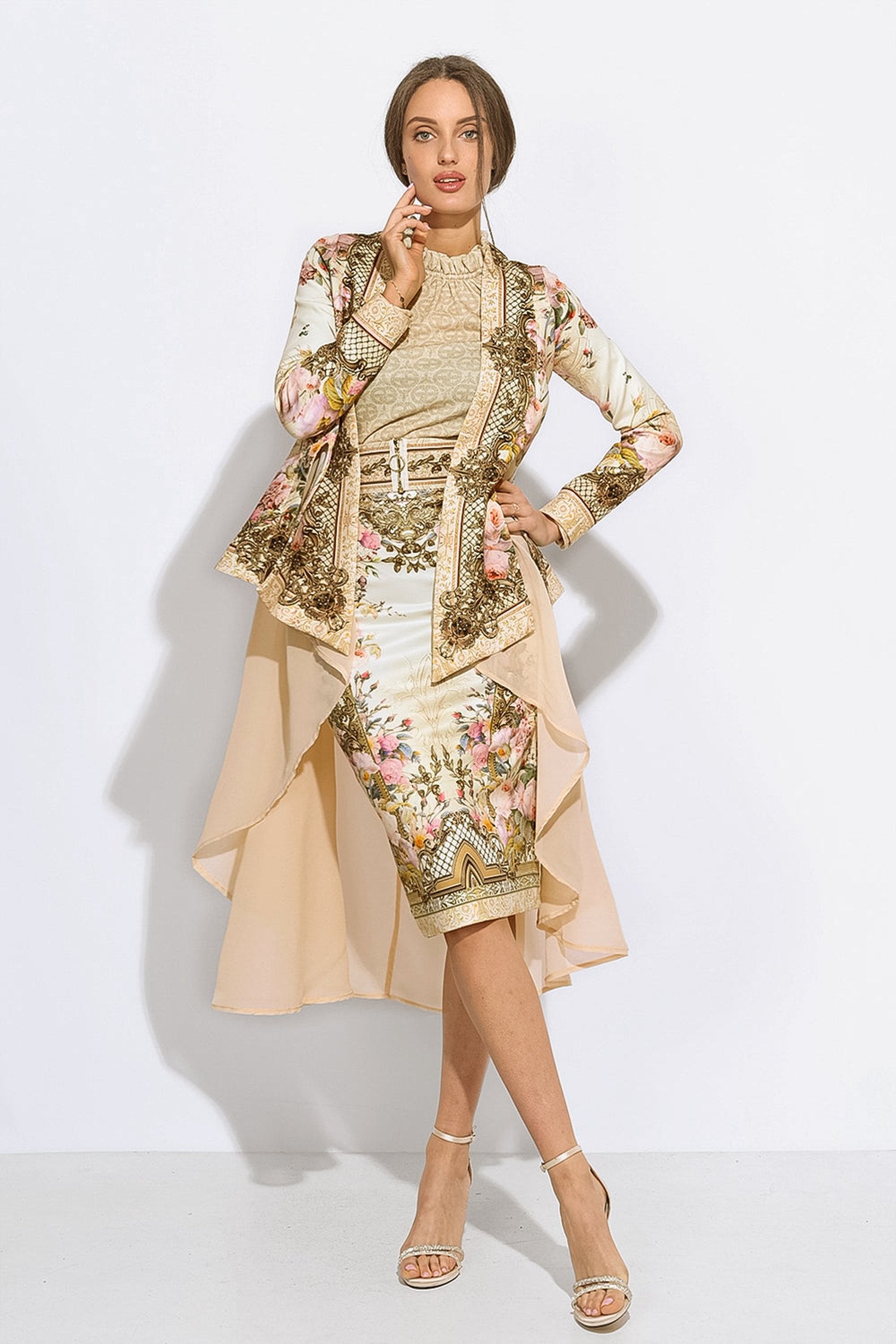 ELEGANT PRINTED CARDIGAN WITH CHIFFON BACK - BAROQUE FLOWERS