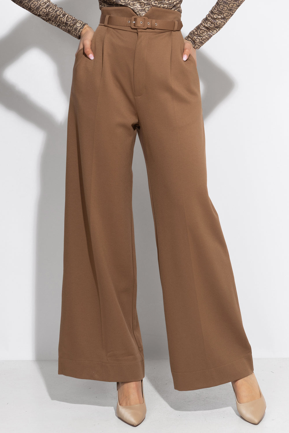 PANTALON BEIGE ESSENTIELS EN MÉLANGE DE VISCOSE TAILLE HAUTE