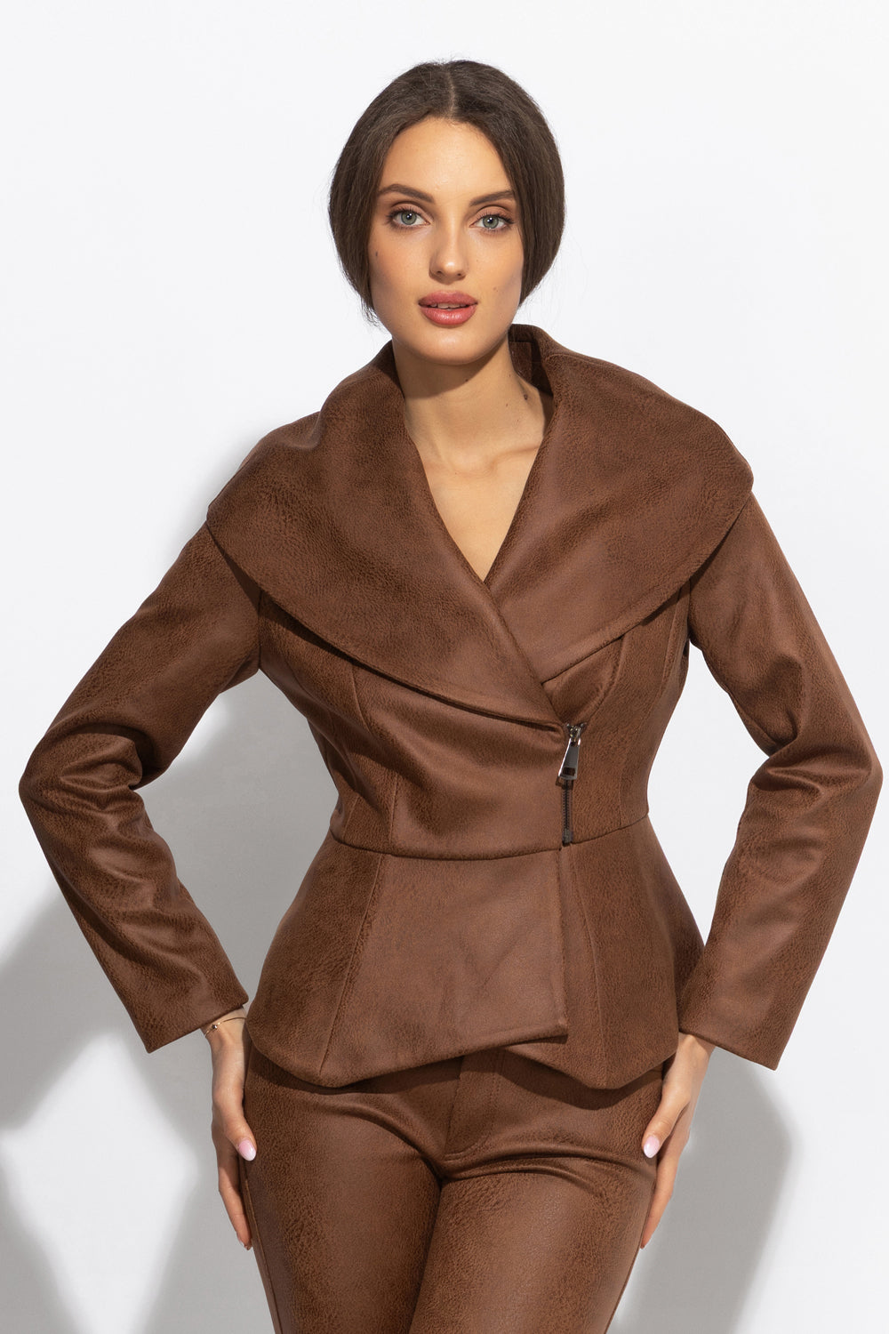 SUEDE-LOOK BLAZER WITH ASYMMETRICAL CLOSURE IN BROWN- ESSENTIALS