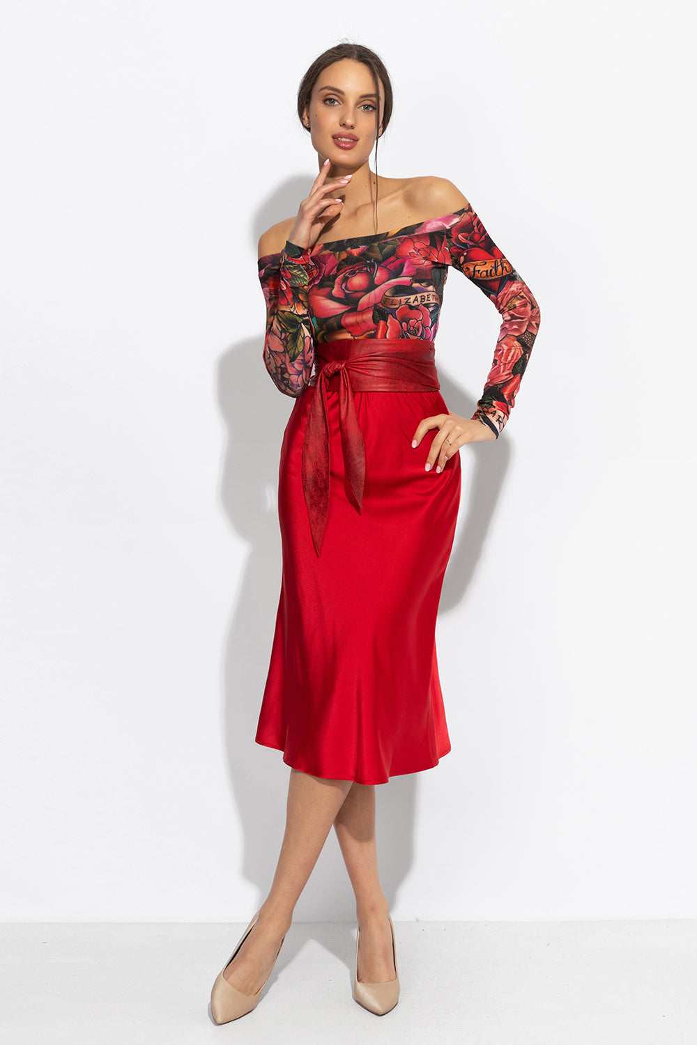 BIAS-CUT RED SATIN SKIRT WITH ELASTIC WAISTBAND - ESSENTIALS