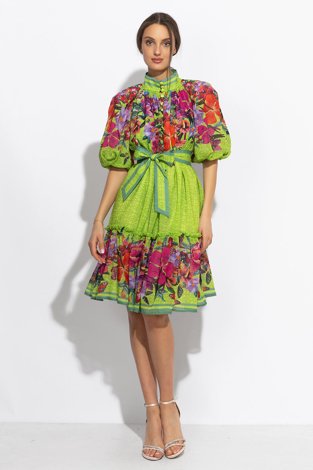 CHIFFON DRESS WITH PUFF SLEEVE - ACID GREEN LOGO