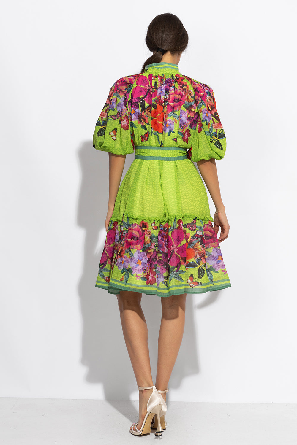 CHIFFON DRESS WITH PUFF SLEEVE - ACID GREEN LOGO