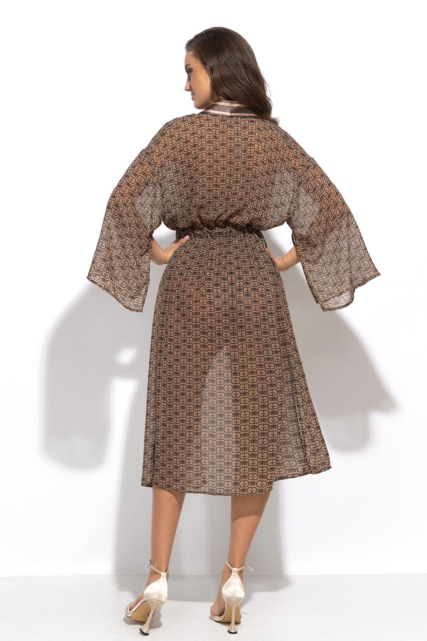 KIMONO WITH PLASTRON AND INTEGRATED BELT IN FRENCH CHIFFON - MOCHA MOUSSE LOGO