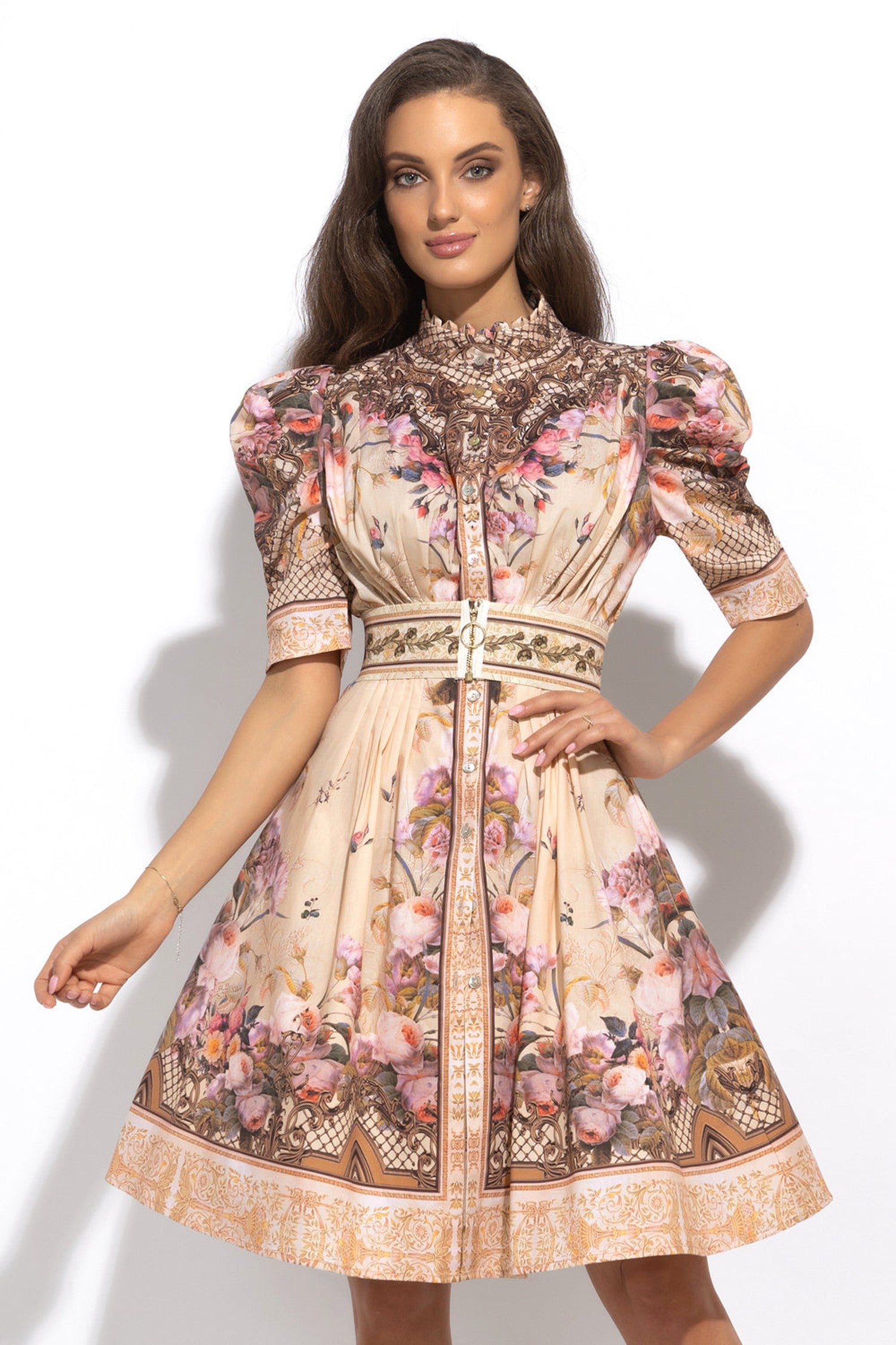 POPLIN DRESS WITH PUFF SLEEVES - BAROQUE FLOWERS JIORO РОКЛЯ С БУФАН РЪКАВ ОТ ПОПЛИН - BAROQUE FLOWERS JIORO