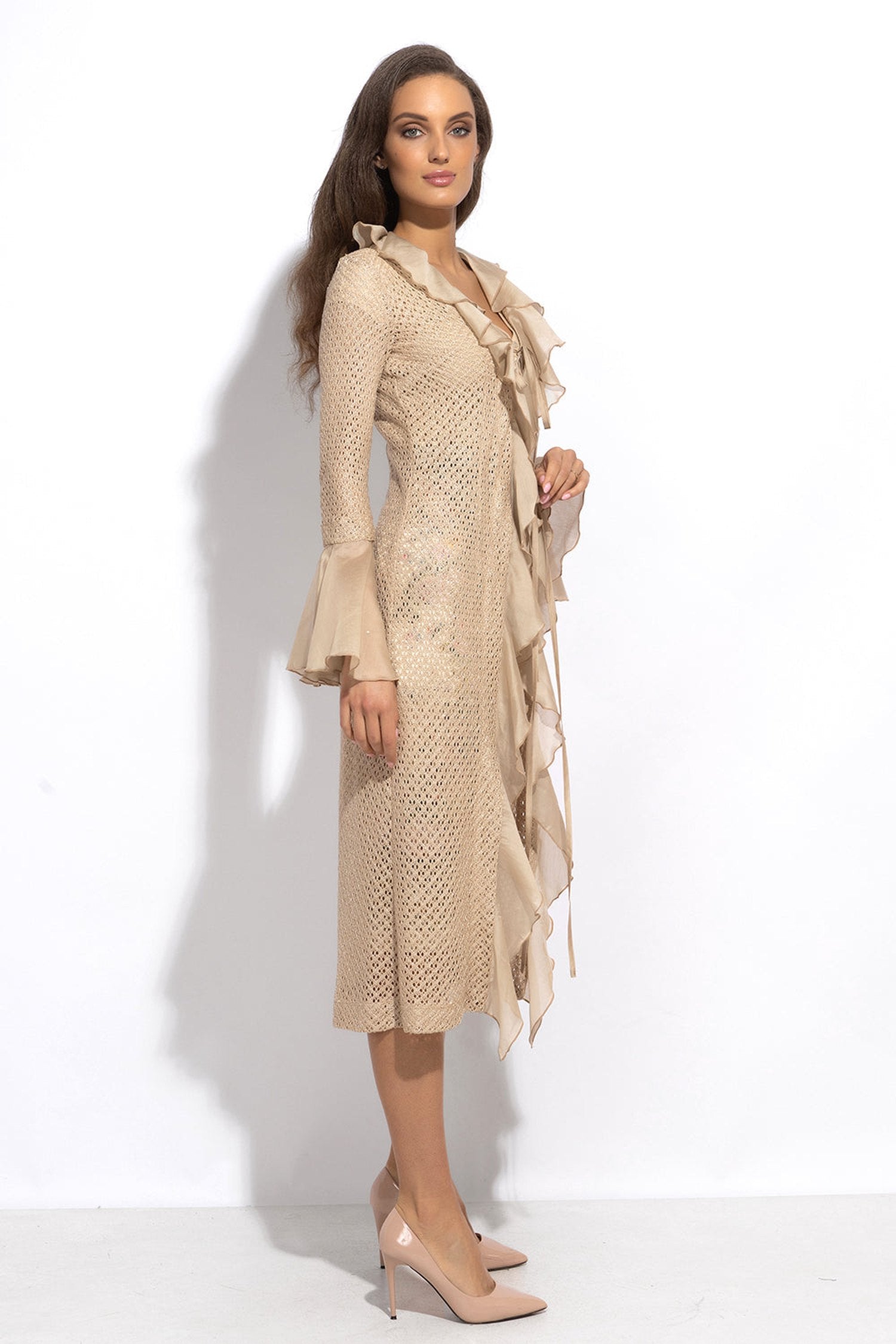 COTTON MESH CARDIGAN WITH RUFFLES - ESSENTIALS JIORO ПАМУЧНА МРЕЖЕСТА ЖИЛЕТКА С КЪДРИ - ESSENTIALS JIORO