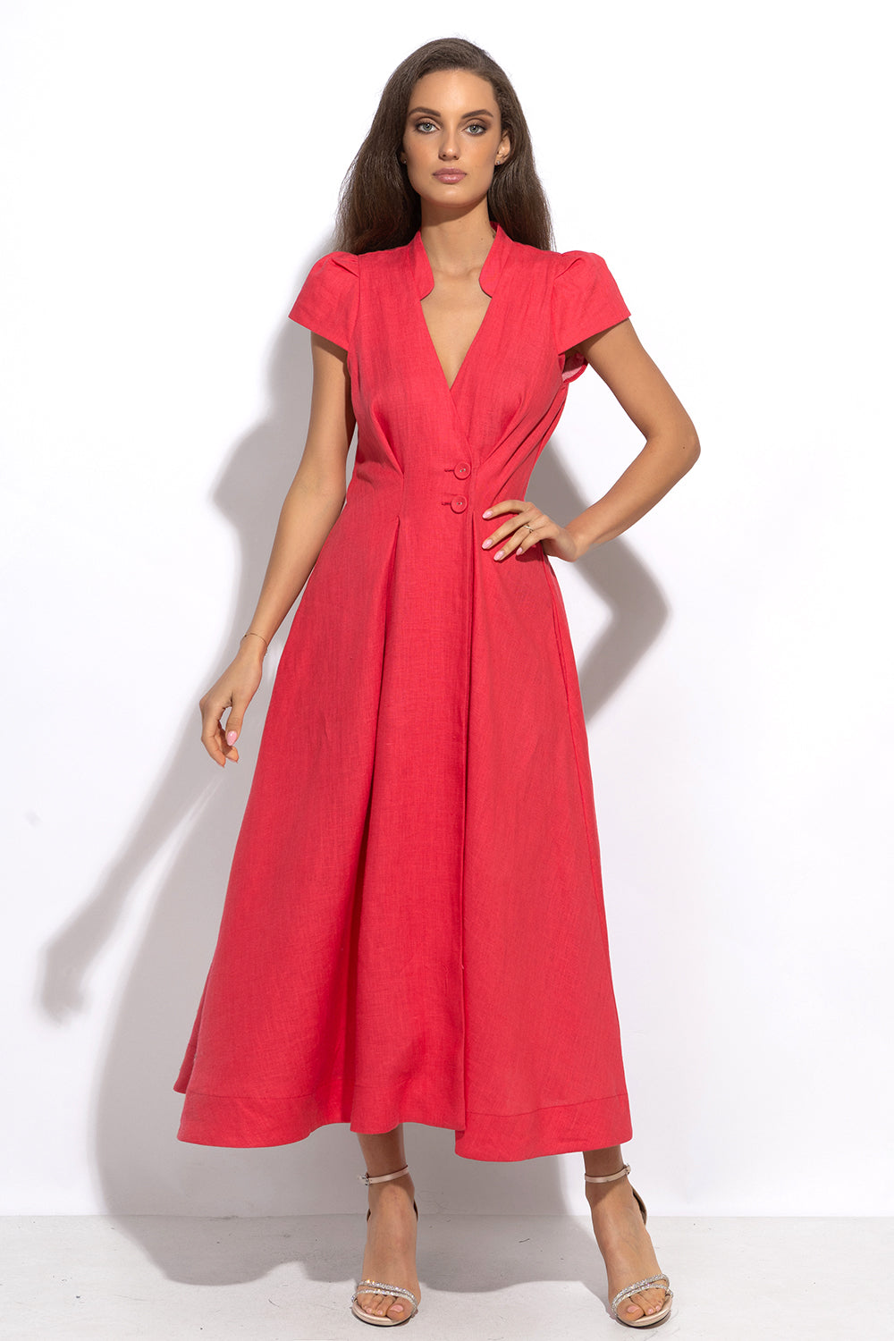 LONG FLARED LINEN DRESS IN FUCHSIA – ESSENTIALS