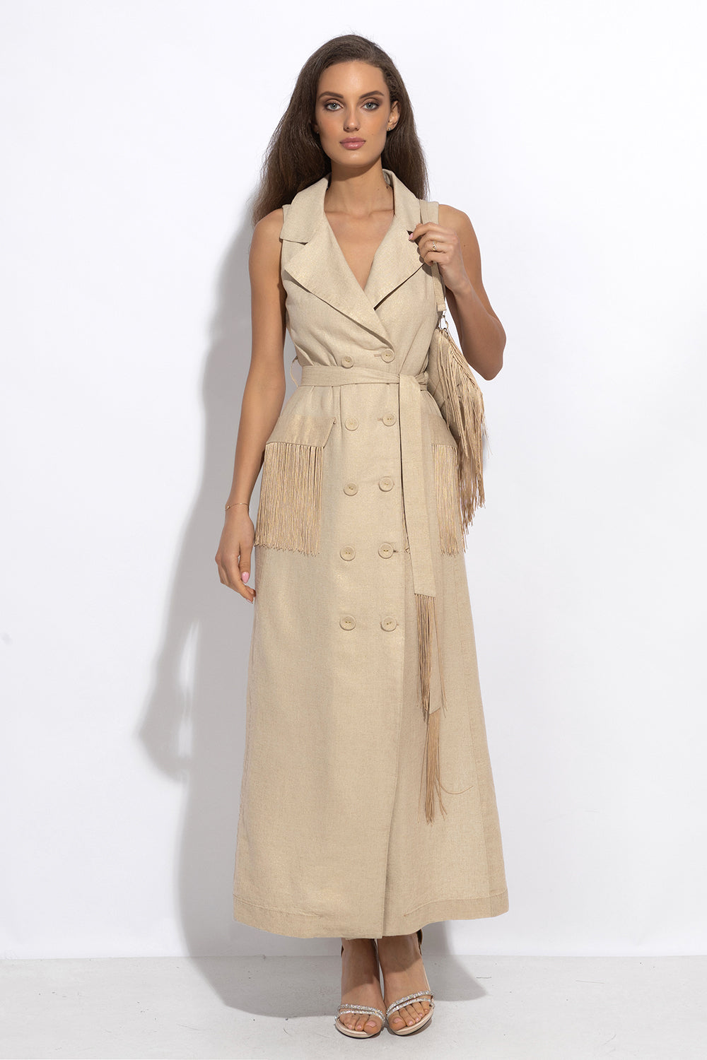 LINEN SLEEVELESS TRENCH MIDI DRESS WITH FRINGES - ESSENTIALS