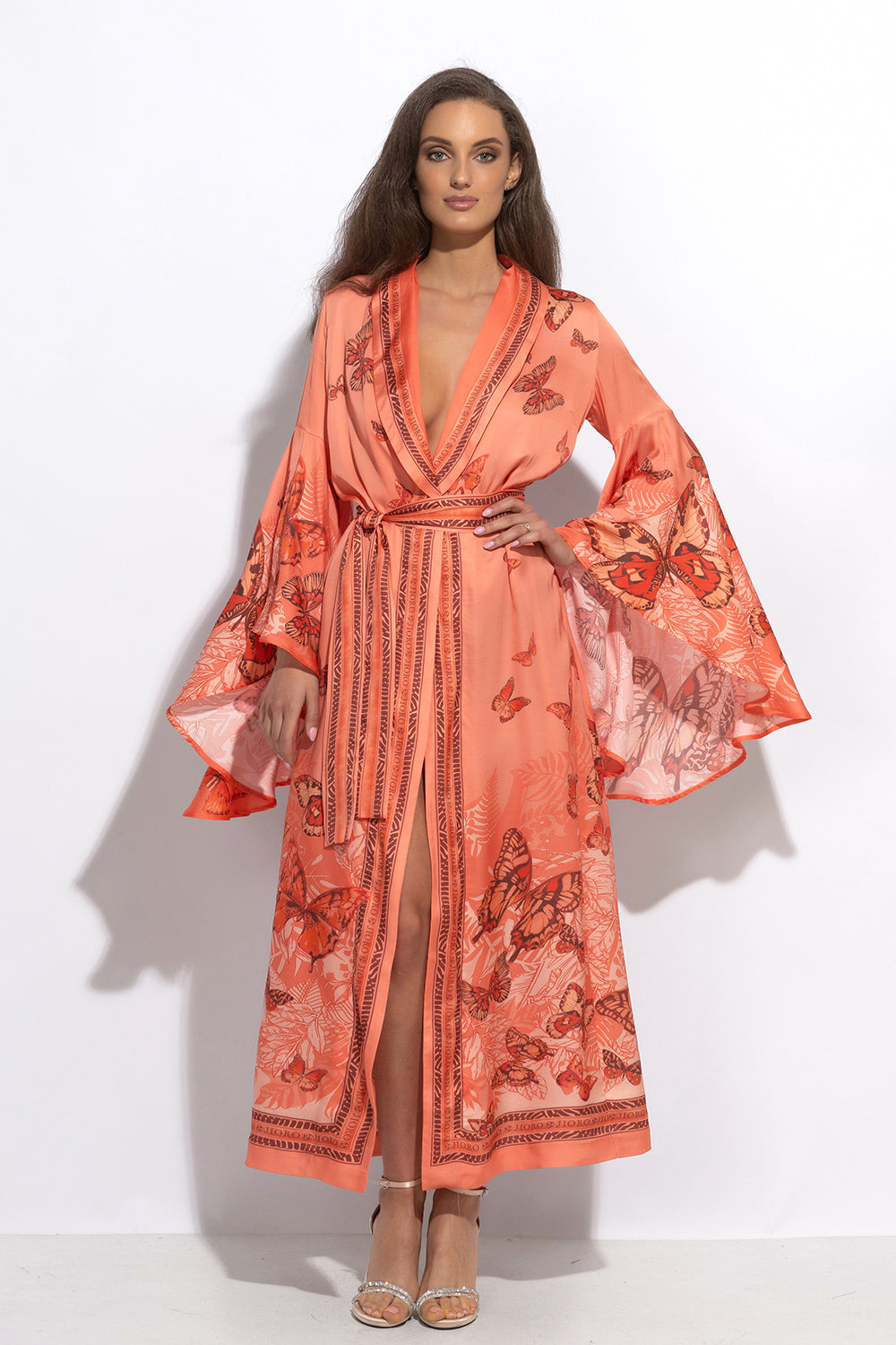 VISCOSE KIMONO WITH DRAPED BACK AND SHAWL COLLAR - PAPAYA BUTTERFLIES