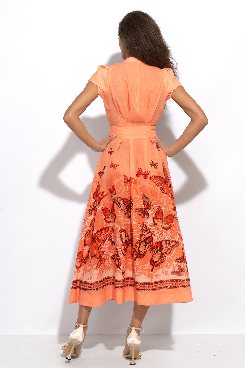 LONG FLARED LINEN DRESS - PAPAYA BUTTERFLIES