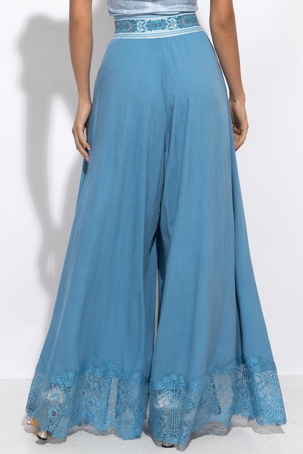 SKY BLUE VISCOSE PANTS WITH SLITS AND LACE TRIM - ESSENTIALS