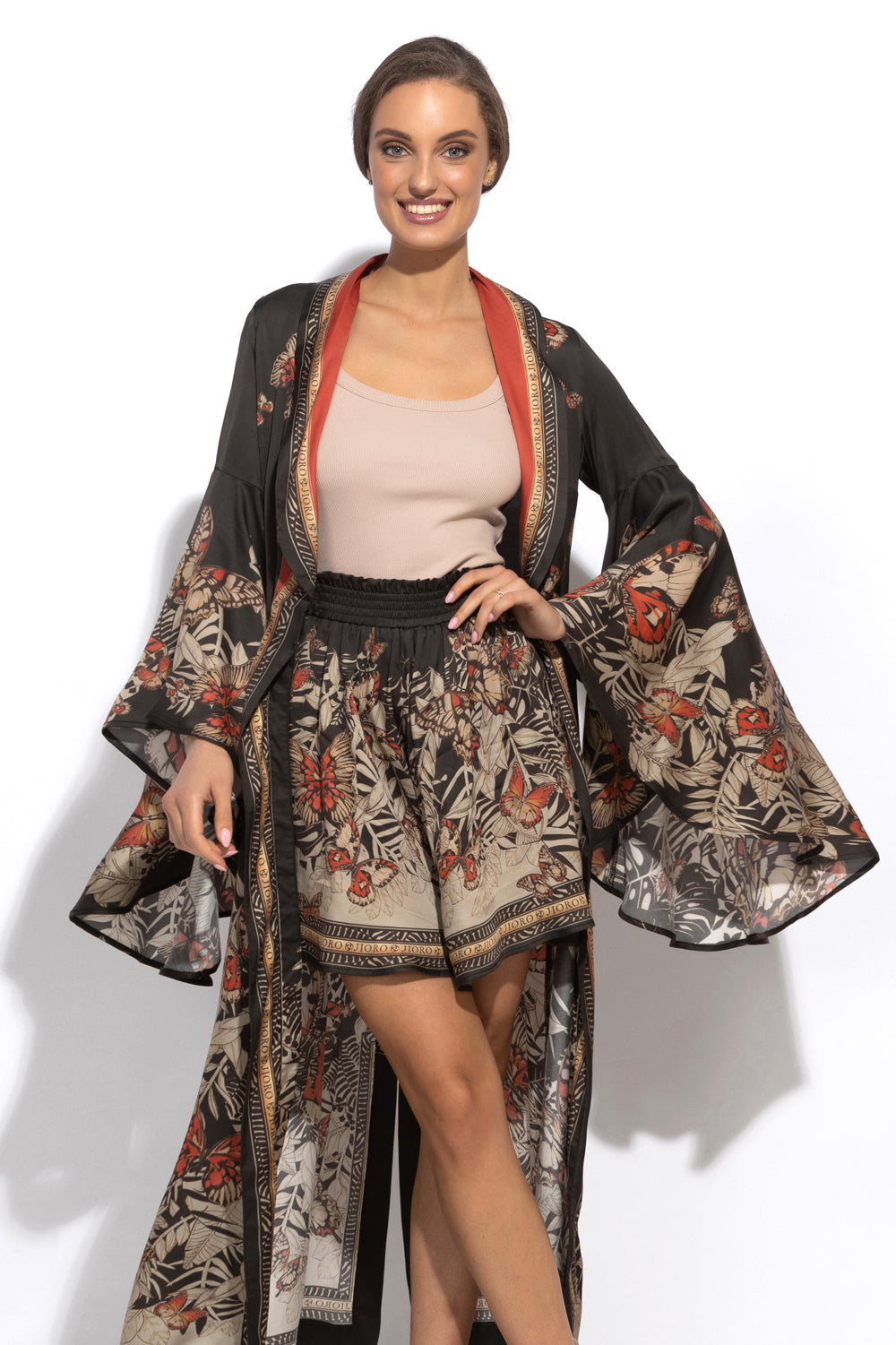 VISCOSE KIMONO WITH DRAPED BACK AND SHAWL COLLAR - MIDNIGHT BUTTERFLIES