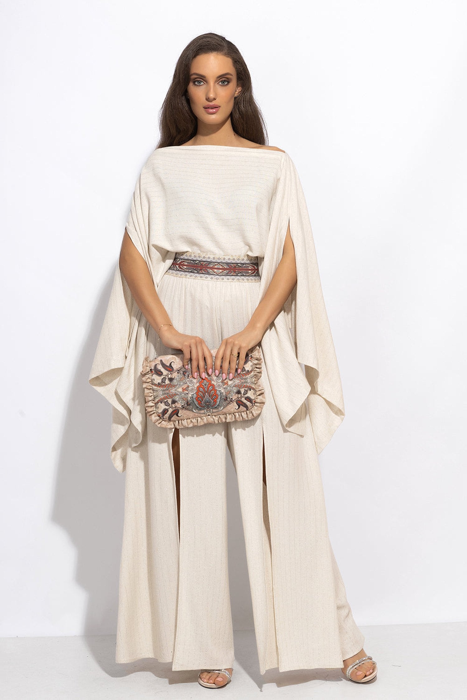 RELAXED VISCOSE-LINEN TUNIC WITH SIDE SLITS IN ECRU STRIPED - ESSENTIALS