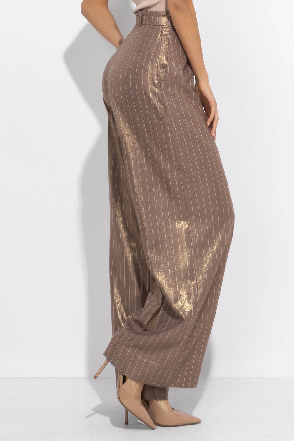 STRIPED PANTS WITH HIGH WAIST AND WIDE LEG IN BEIGE - ESSENTIALS