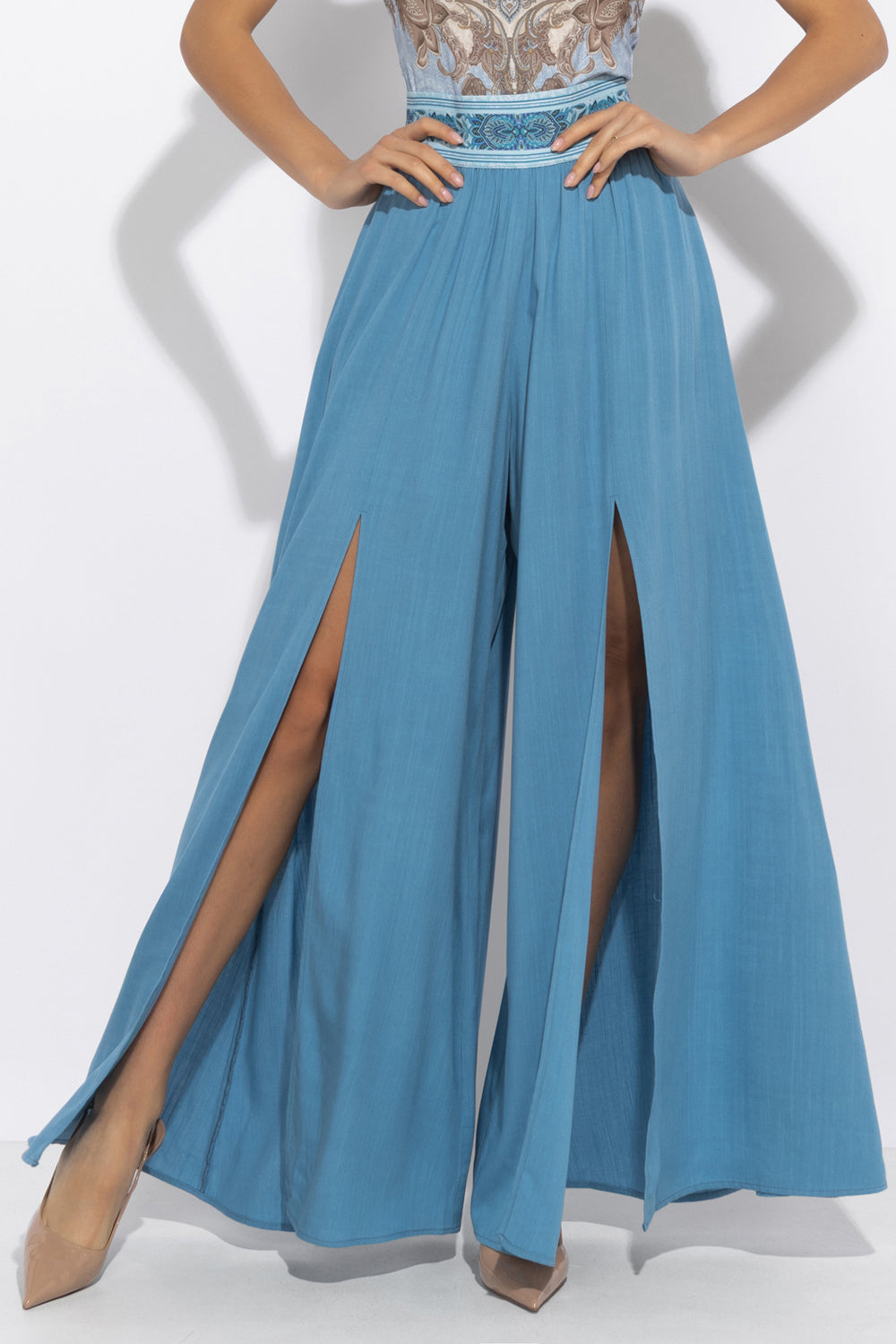 SKY BLUE VISCOSE PANTS WITH SLITS - ESSENTIALS