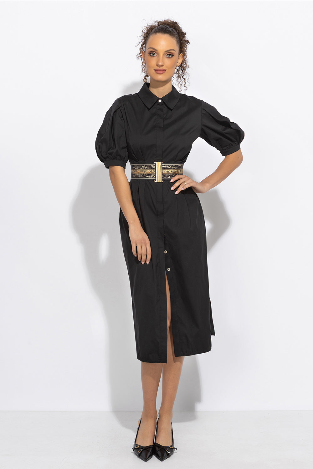 BLACK SHIRT COTTON POPLIN DRESS WITH OVAL HEM - ESSENTIALS JIORO ЧЕРНА РОКЛЯ ТИП РИЗА ОТ ПАМУЧЕН ПОПЛИН С ОВАЛЕН ПОДГЪВ - ESSENTIALS JIORO