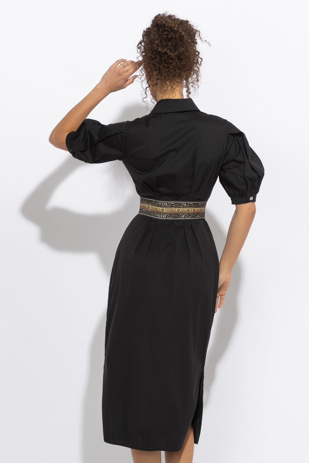 BLACK SHIRT COTTON POPLIN DRESS WITH OVAL HEM - ESSENTIALS JIORO ЧЕРНА РОКЛЯ ТИП РИЗА ОТ ПАМУЧЕН ПОПЛИН С ОВАЛЕН ПОДГЪВ - ESSENTIALS JIORO