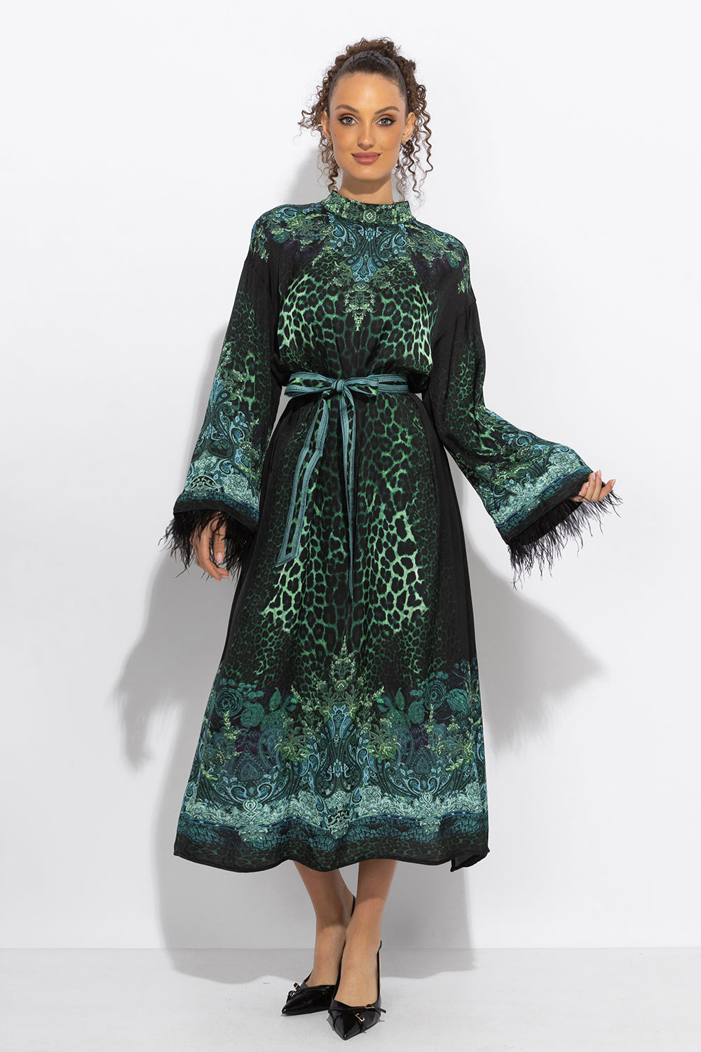 VISCOSE CAFTAN WITH FEATHERS - LEO NEON GREEN