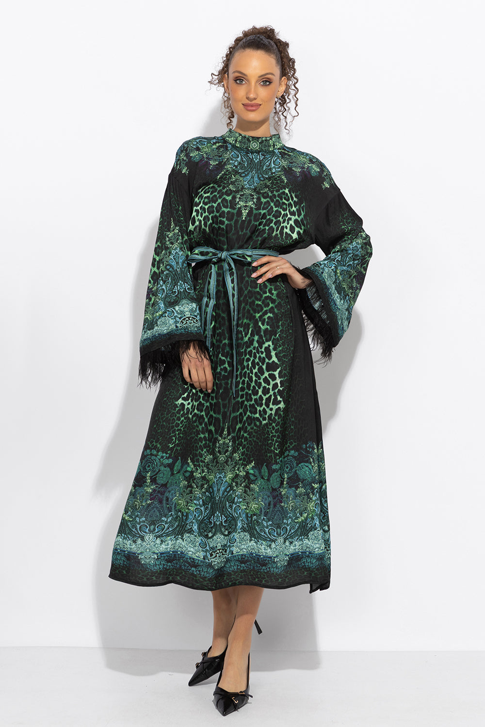 VISCOSE CAFTAN WITH FEATHERS - LEO NEON GREEN
