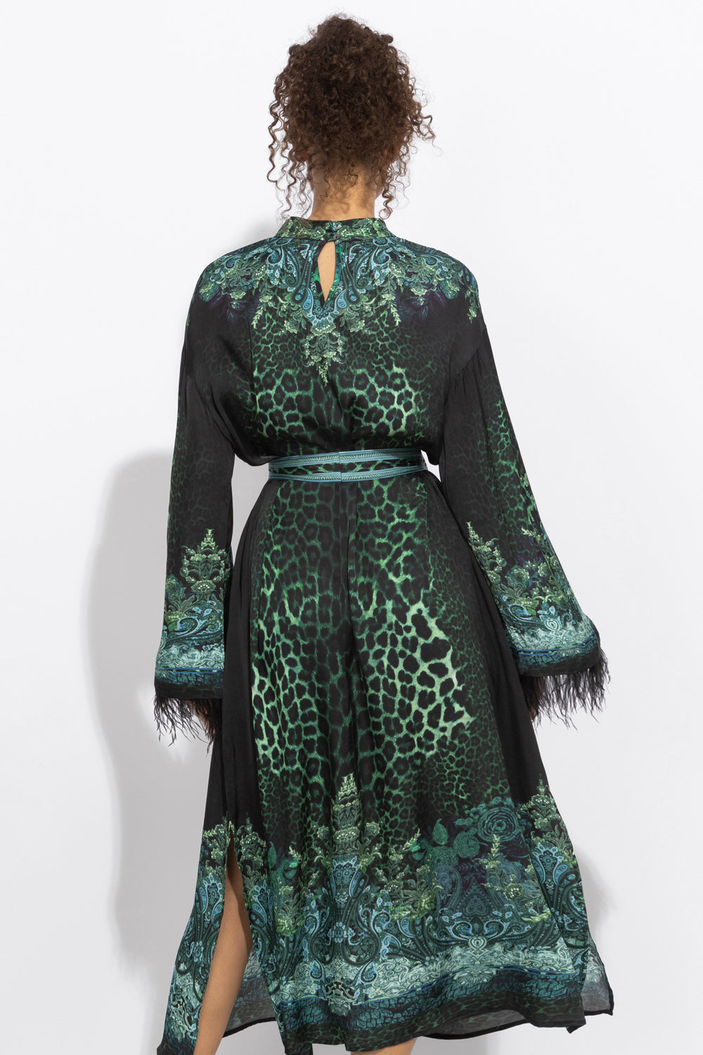 VISCOSE CAFTAN WITH FEATHERS - LEO NEON GREEN