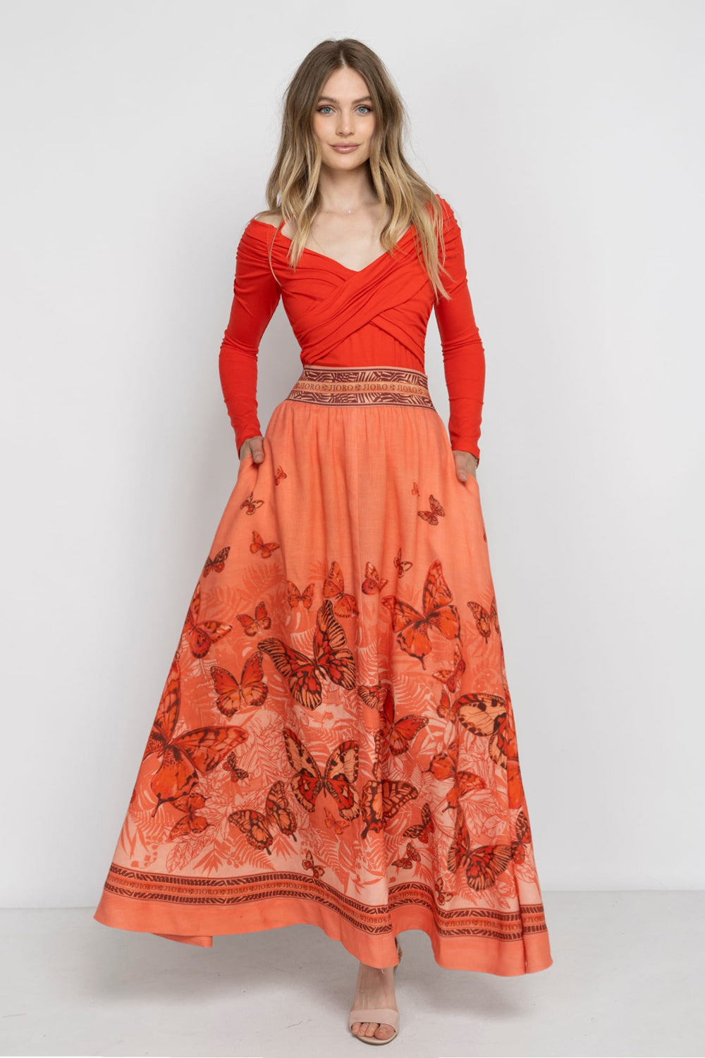 LONG LINEN SKIRT WITH ELASTIC WAIST AND SIDE POCKETS - PAPAYA BUTTERFLIES