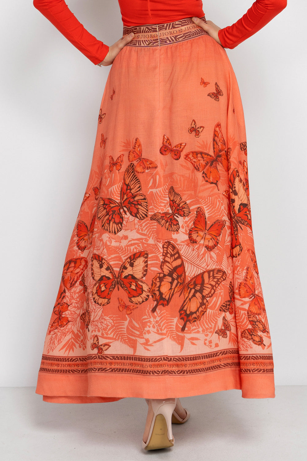 LONG LINEN SKIRT WITH ELASTIC WAIST AND SIDE POCKETS - PAPAYA BUTTERFLIES