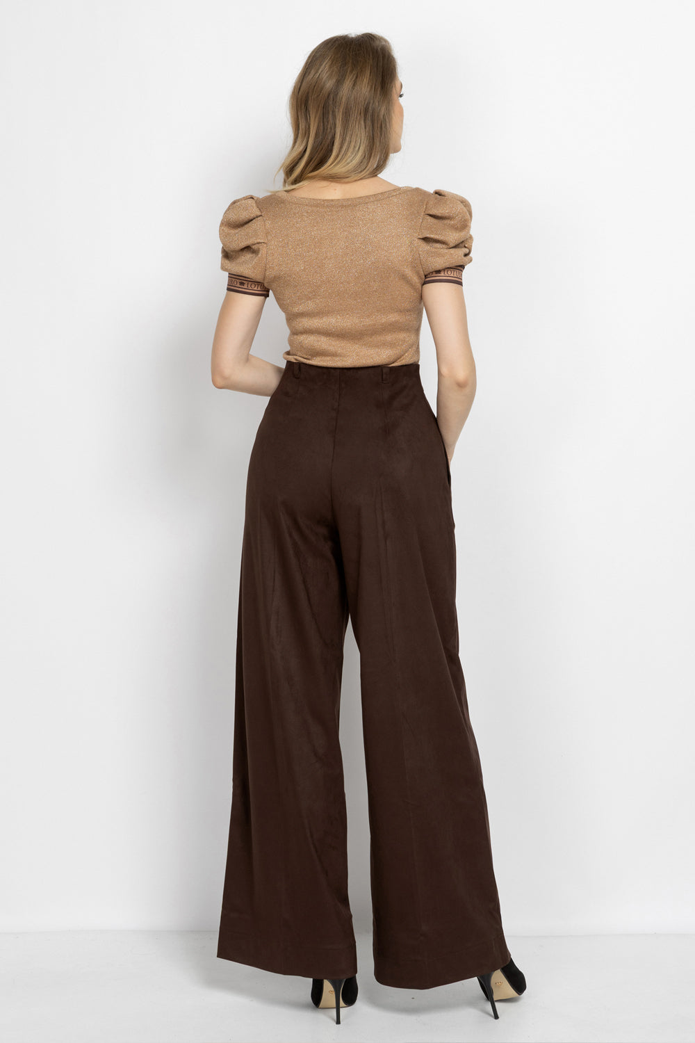 GOLD LUREX V-NECK TOP WITH PUFF SLEEVES - ESSENTIALS