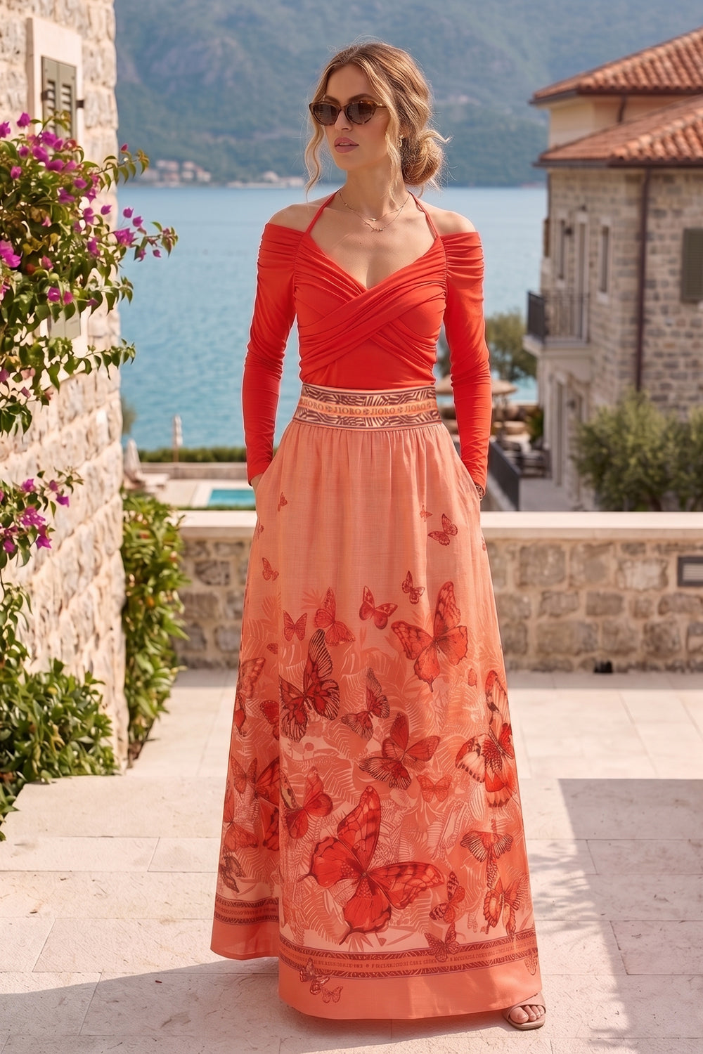 LONG LINEN SKIRT WITH ELASTIC WAIST AND SIDE POCKETS - PAPAYA BUTTERFLIES