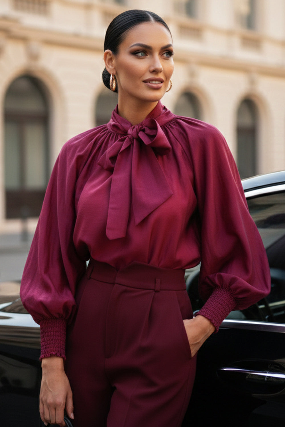BOHEMIAN BURGUNDY BLOUSE WITH PUFF SLEEVES AND TIE-FRONT COLLAR - ESSENTIALS JIORO БОХЕМСКА РИЗА С БУФАН РЪКАВИ И ЯКА С ВРЪЗКИ В БУРГУНДИ - ESSENTIALS JIORO