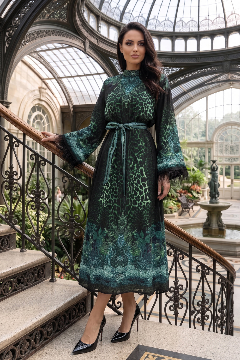 VISKOSE-SATIN-CAFTAN MIT FEDERN - LEO NEONGRÜN