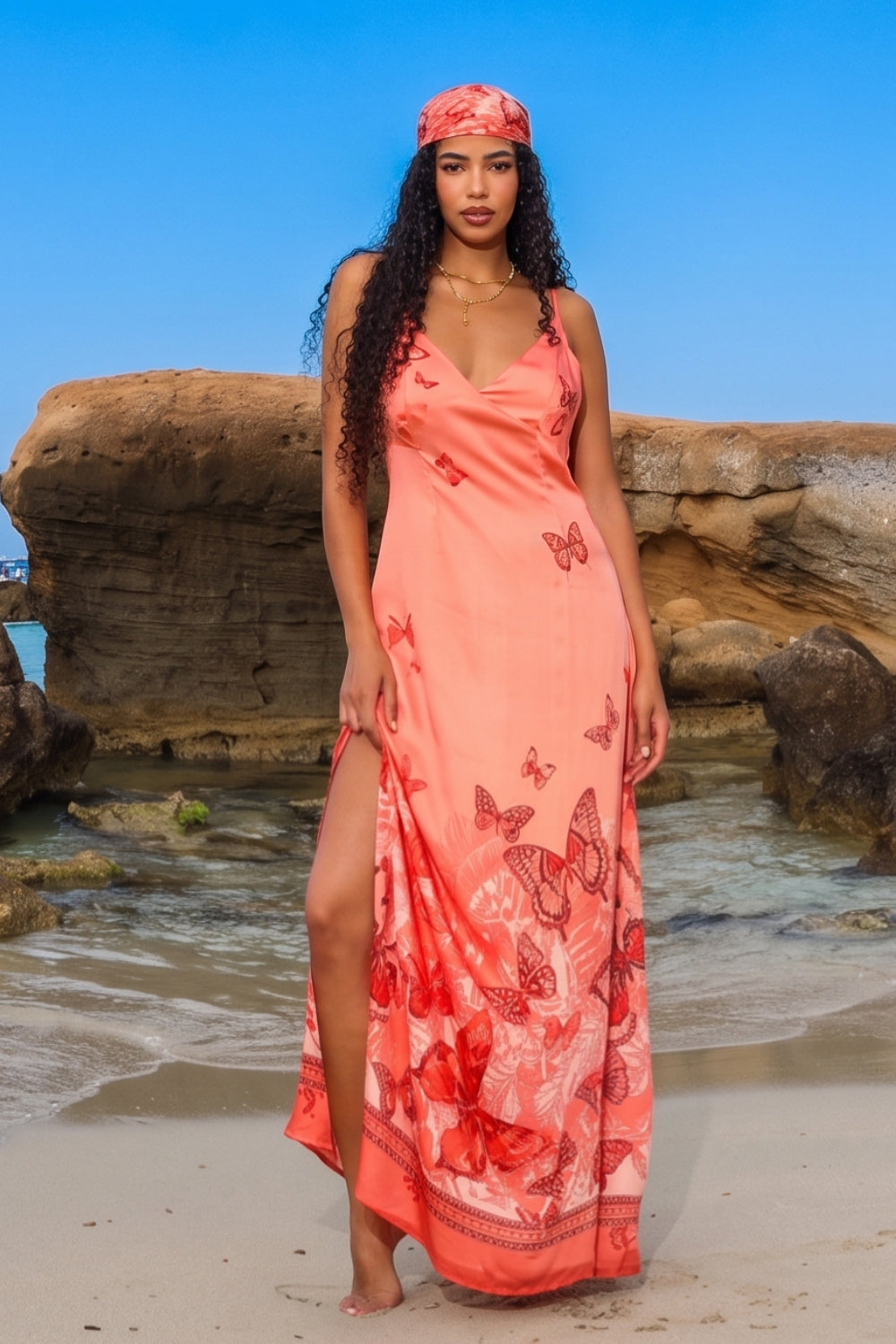 VISCOSE SLIP DRESS WITH OPEN BACK AND THIN STRAPS - PAPAYA BUTTERFLIES