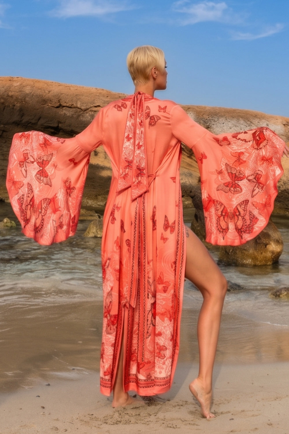 VISCOSE KIMONO WITH DRAPED BACK AND SHAWL COLLAR - PAPAYA BUTTERFLIES