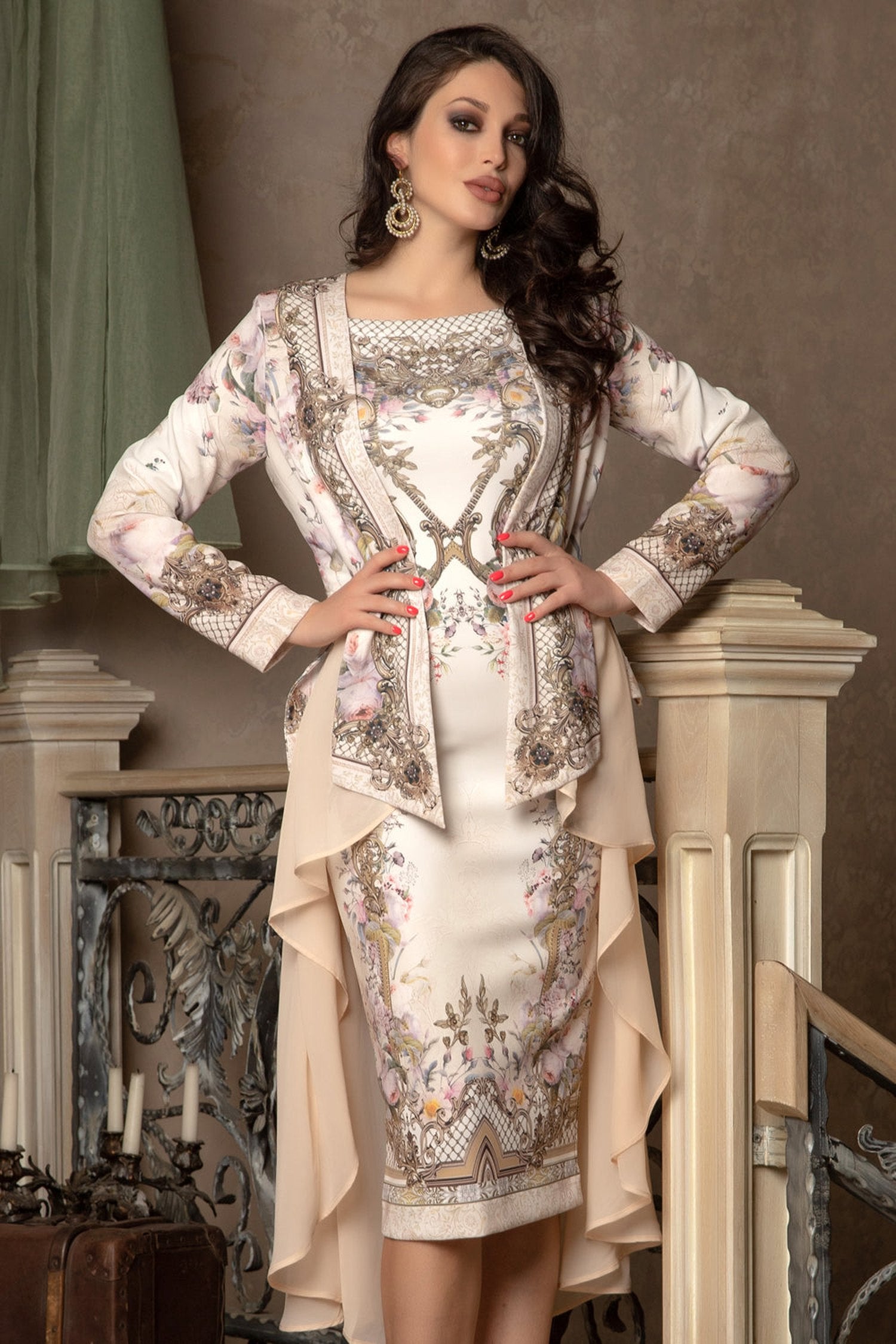 ELEGANT PRINTED CARDIGAN WITH CHIFFON BACK - BAROQUE FLOWERS