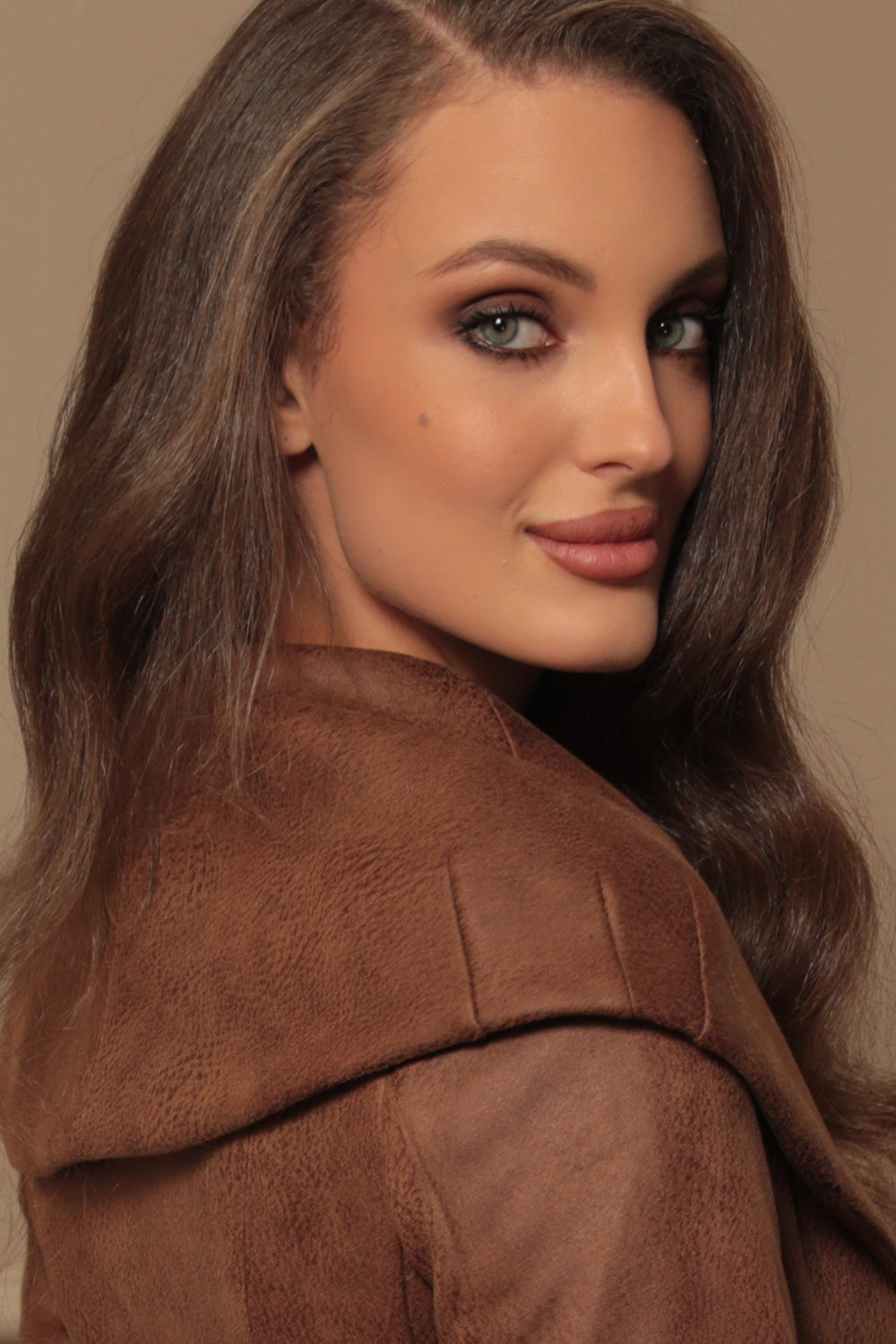 SUEDE-LOOK BLAZER WITH ASYMMETRICAL CLOSURE IN BROWN- ESSENTIALS