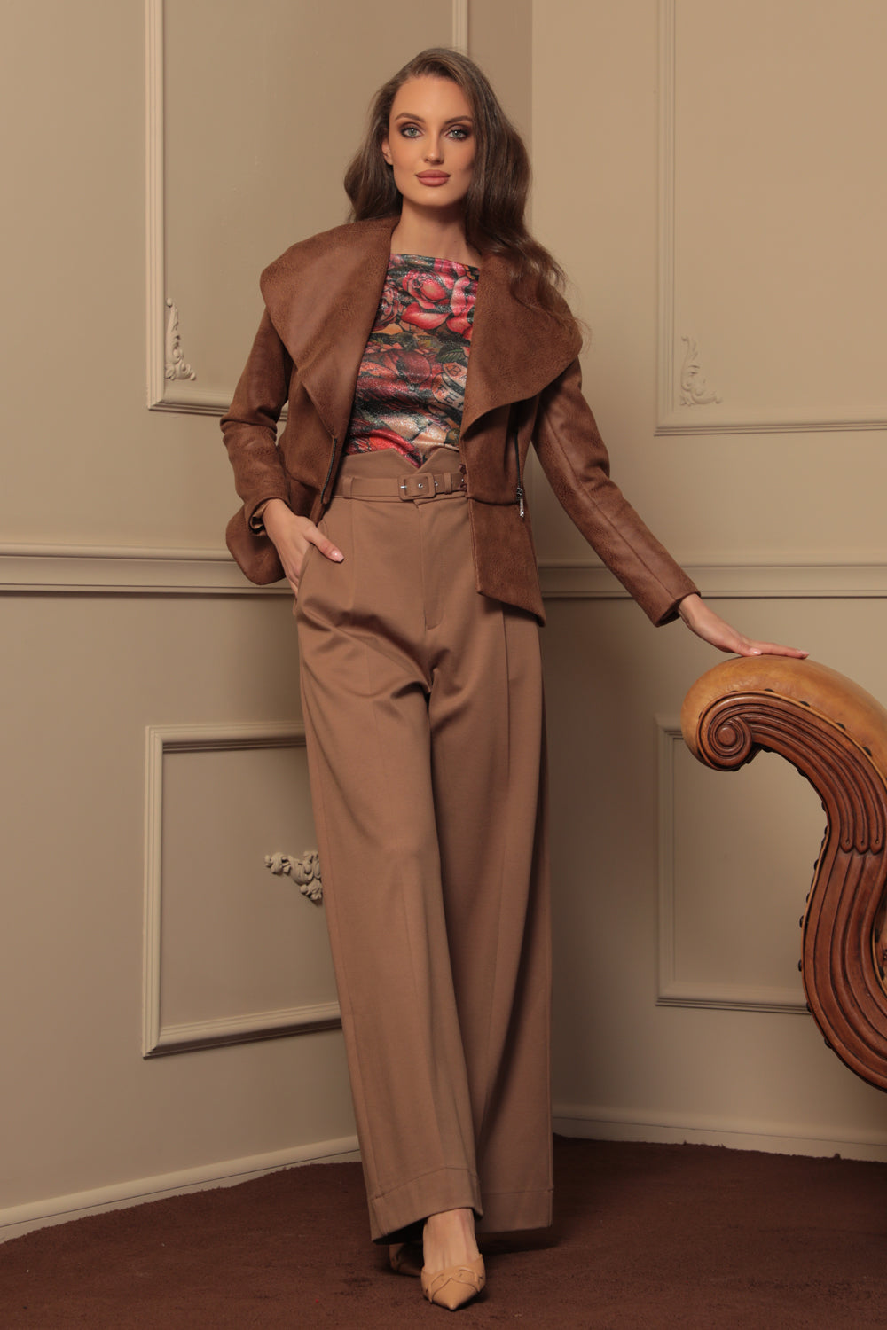 SUEDE-LOOK BLAZER WITH ASYMMETRICAL CLOSURE IN BROWN- ESSENTIALS