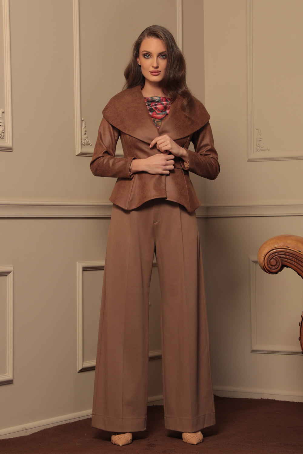 SUEDE-LOOK BLAZER WITH ASYMMETRICAL CLOSURE IN BROWN- ESSENTIALS