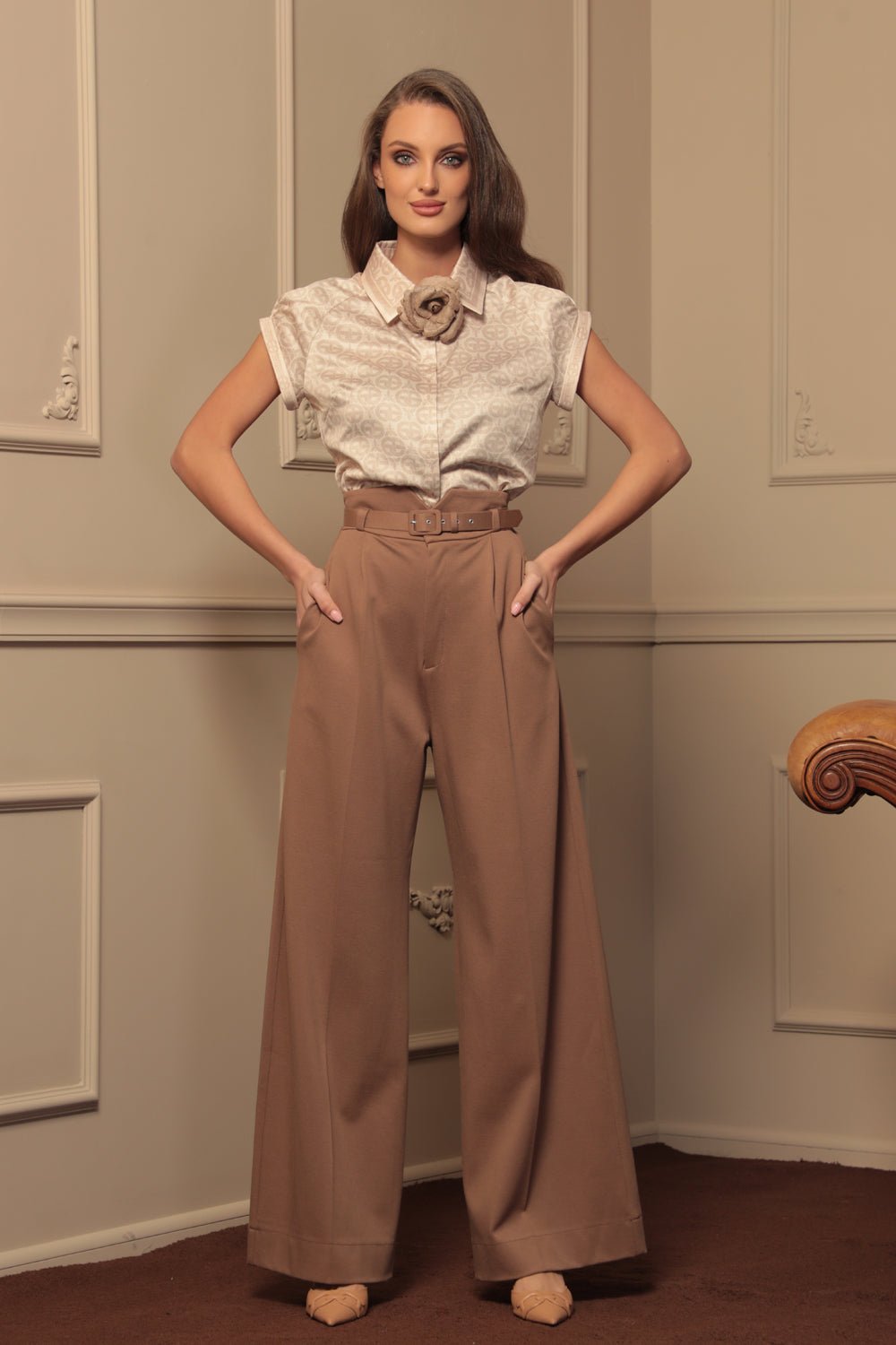 VISCOSE BLEND HIGH-WAISTED BEIGE TROUSERS – ESSENTIALS