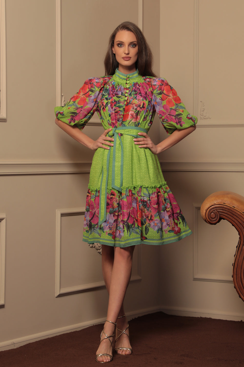 CHIFFON DRESS WITH PUFF SLEEVE - ACID GREEN LOGO