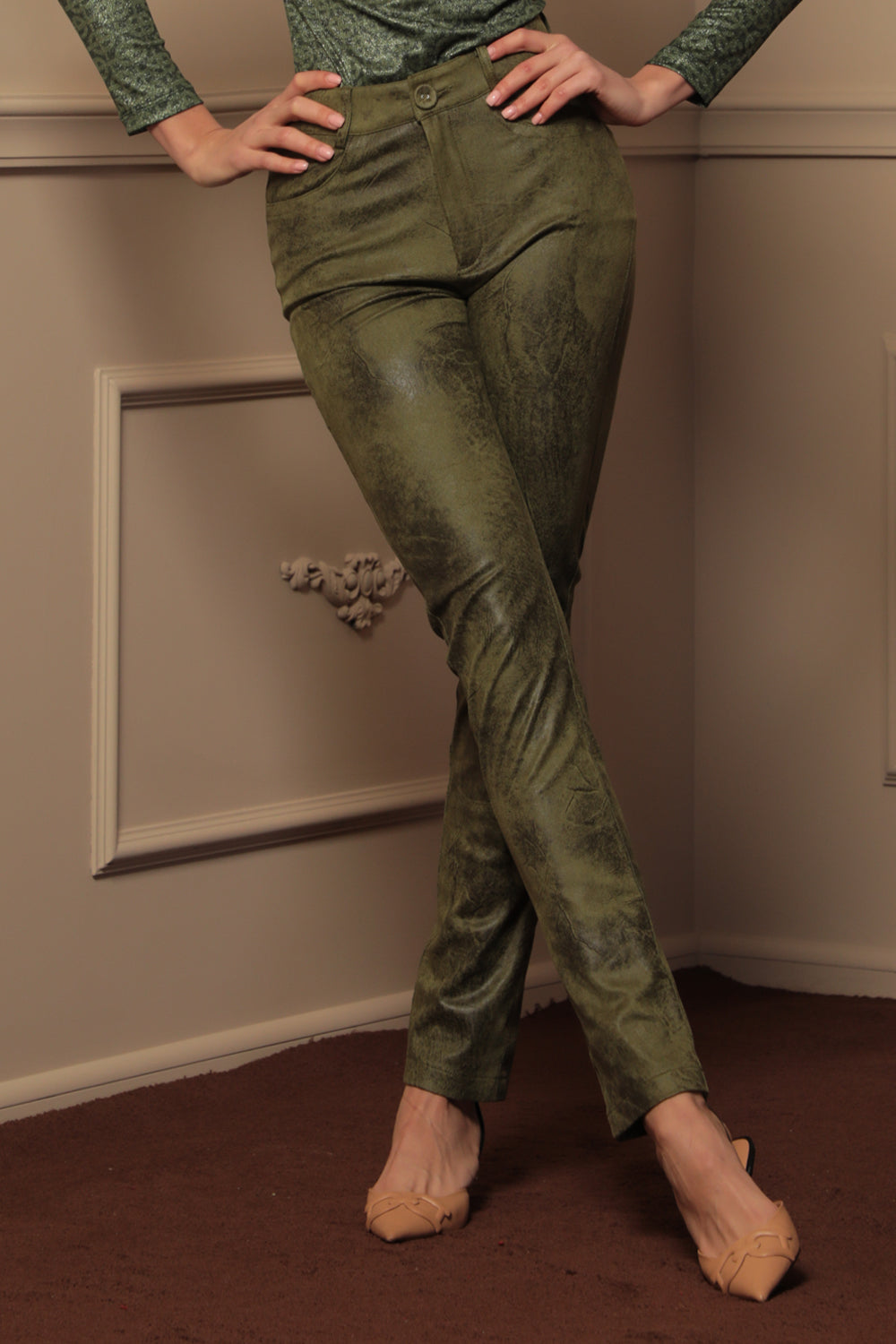 SKINNY 5-POCKET PANTS IN OLIVE GREEN - ESSENTIALS