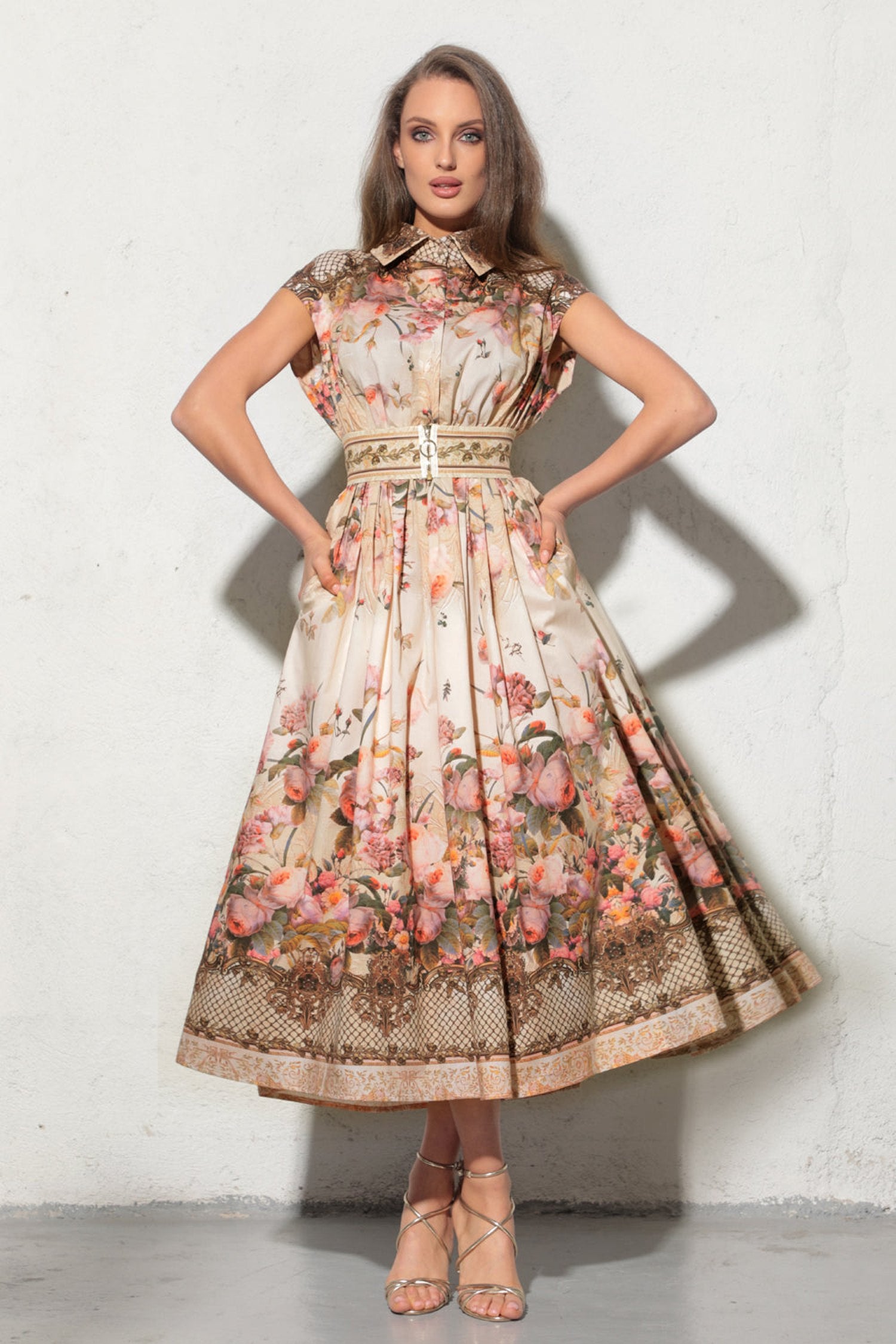 LONG POPLIN DRESS WITH DETACHABLE BELT - BAROQUE FLOWERS