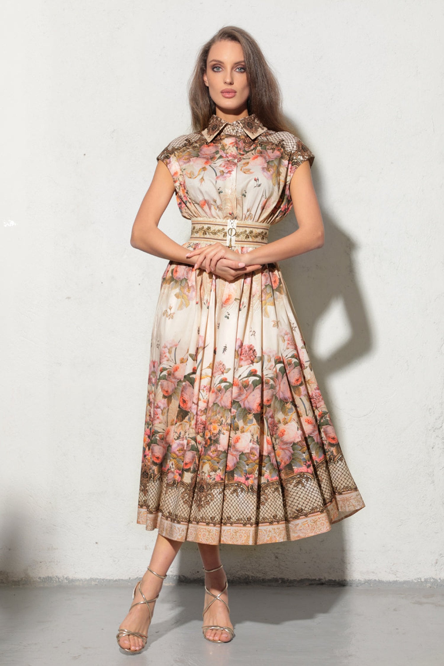 LONG POPLIN DRESS WITH DETACHABLE BELT - BAROQUE FLOWERS