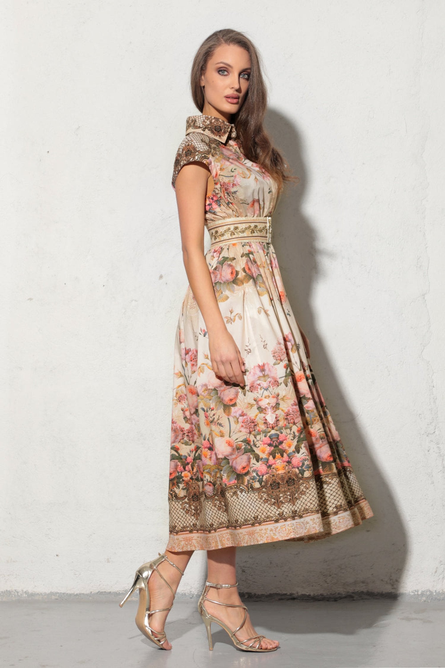 LONG POPLIN DRESS WITH DETACHABLE BELT - BAROQUE FLOWERS