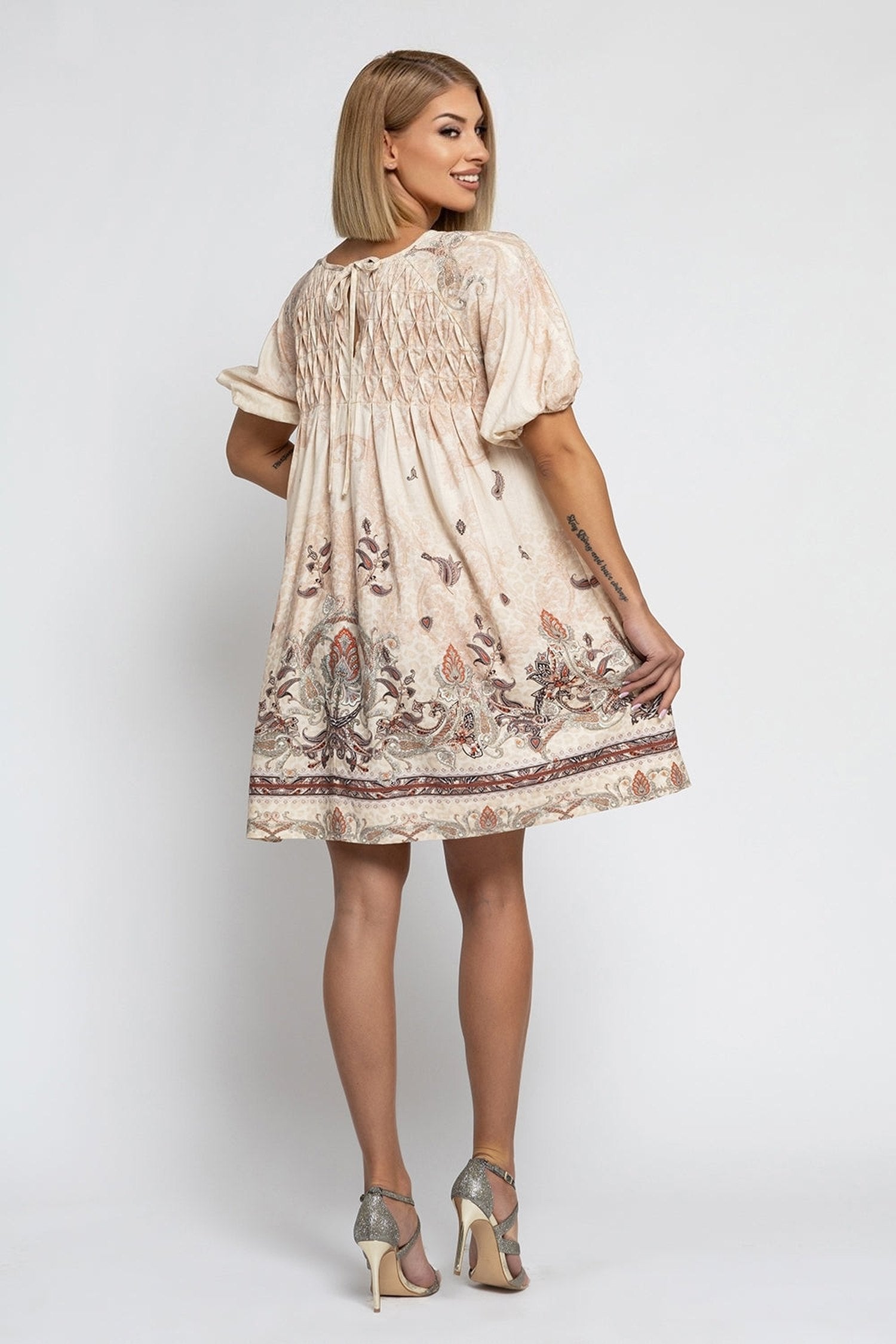 VESTITO CON TASCA IN LINO VISCOSA - PAISLEY BEIGE