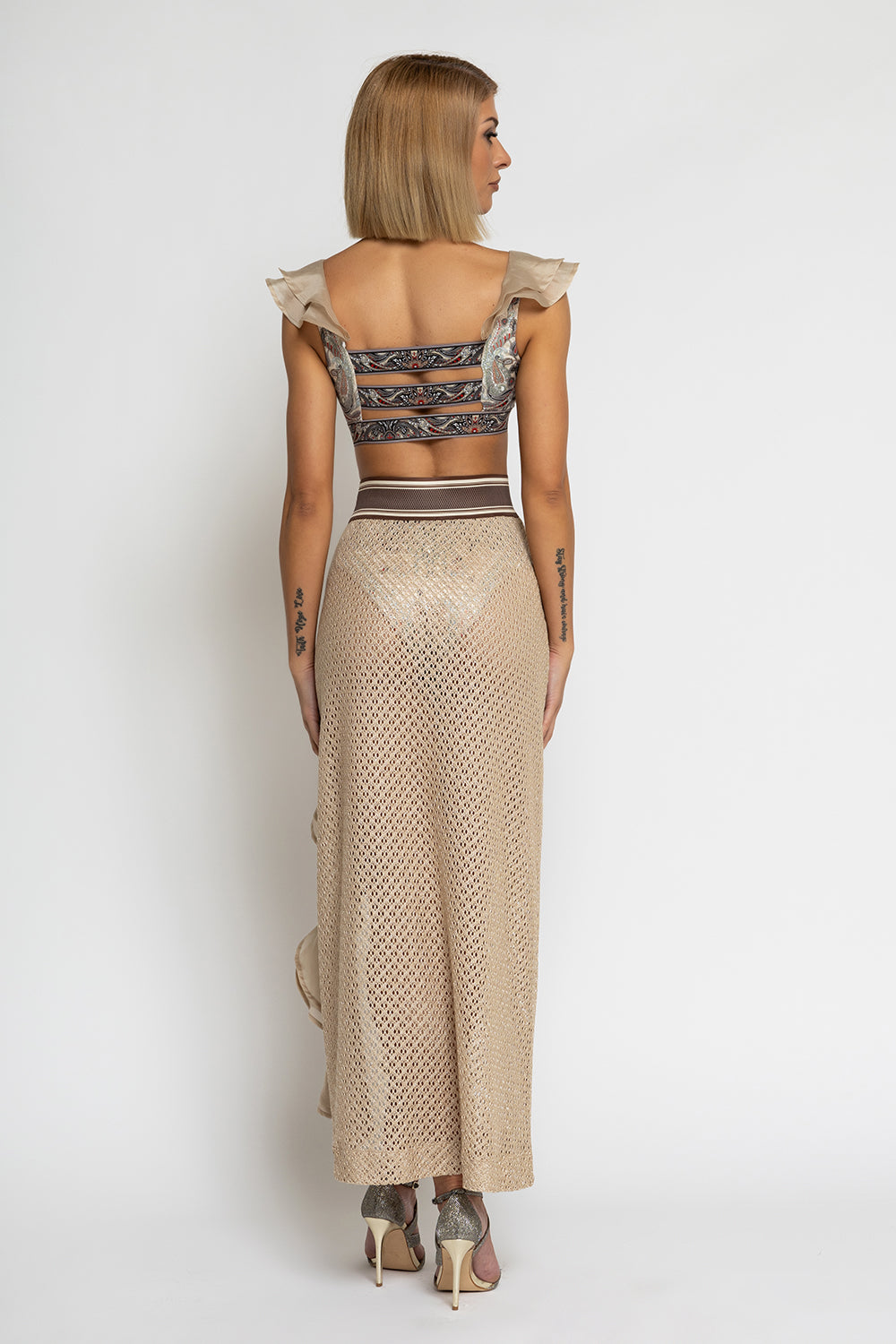 LONG COTTON MESH SKIRT WITH RUFFLES IN BEIGE – ESSENTIALS