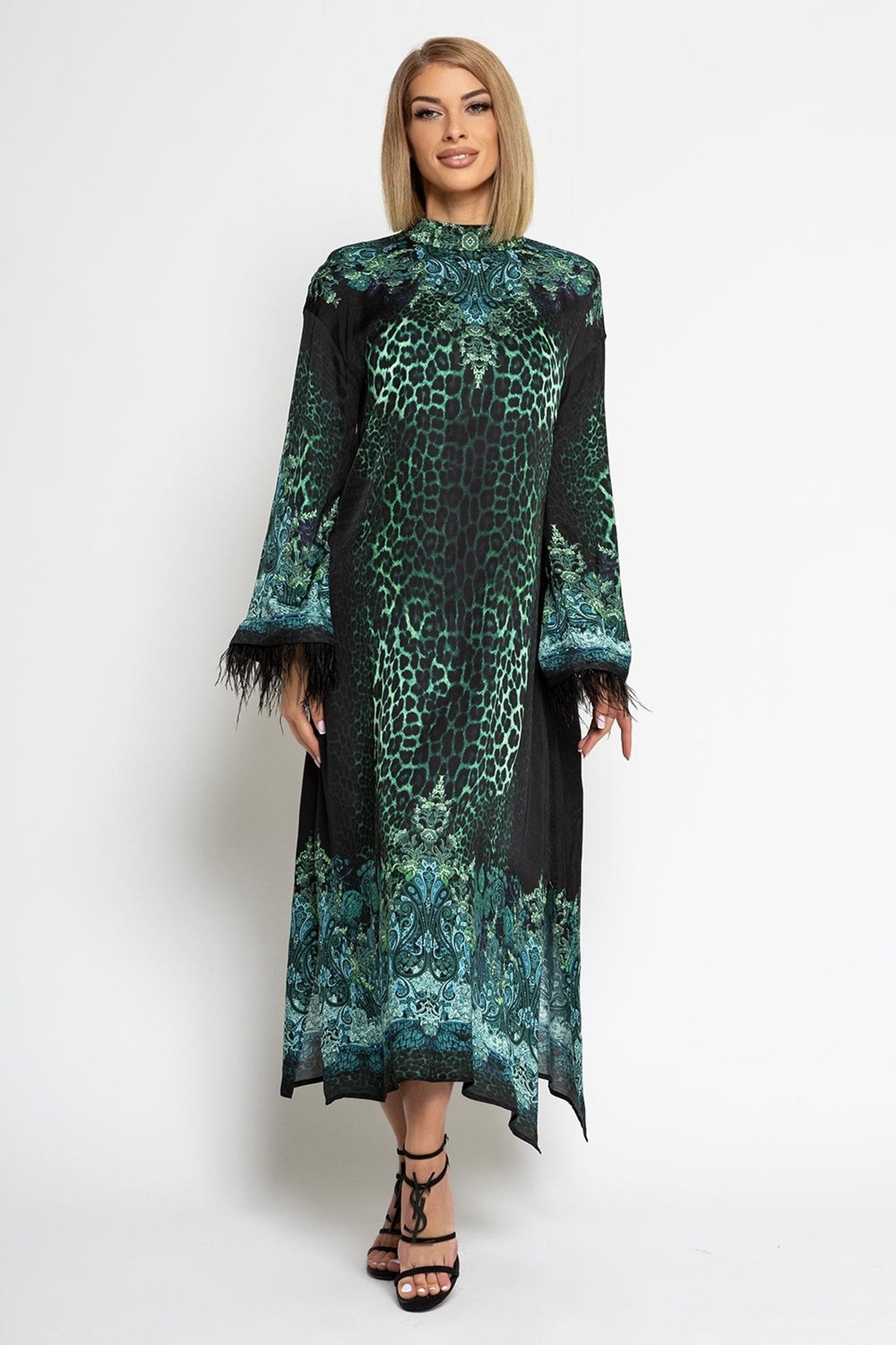 VISCOSE CAFTAN WITH FEATHERS - LEO NEON GREEN