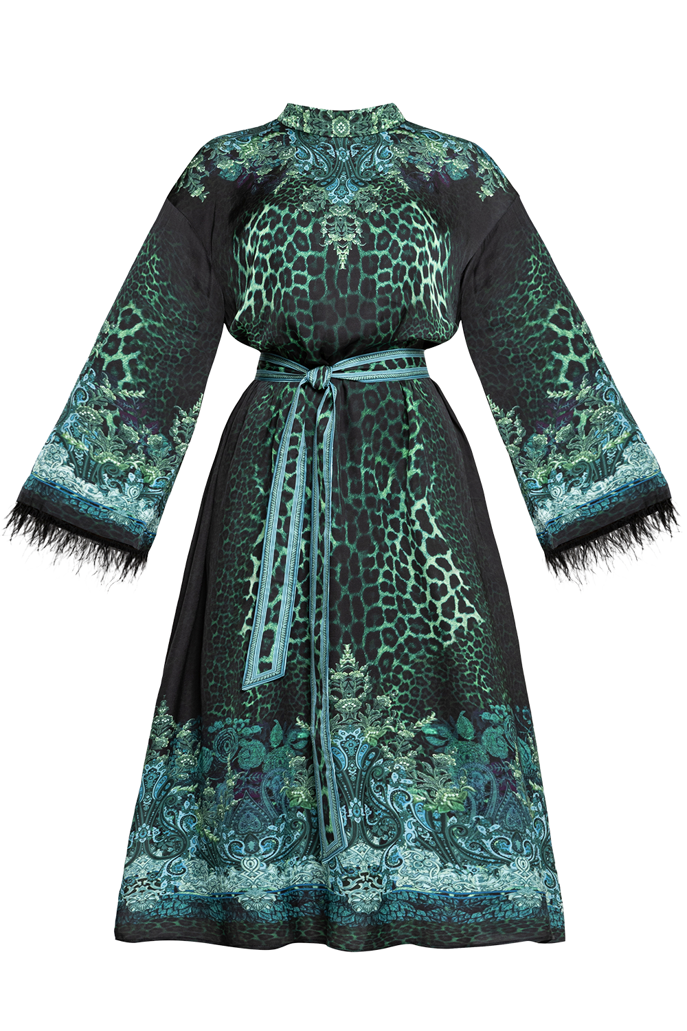 VISCOSE CAFTAN WITH FEATHERS - LEO NEON GREEN JIORO КАФТАН ОТ ВИСКОЗА С ПЕРА - LEO NEON GREEN JIORO