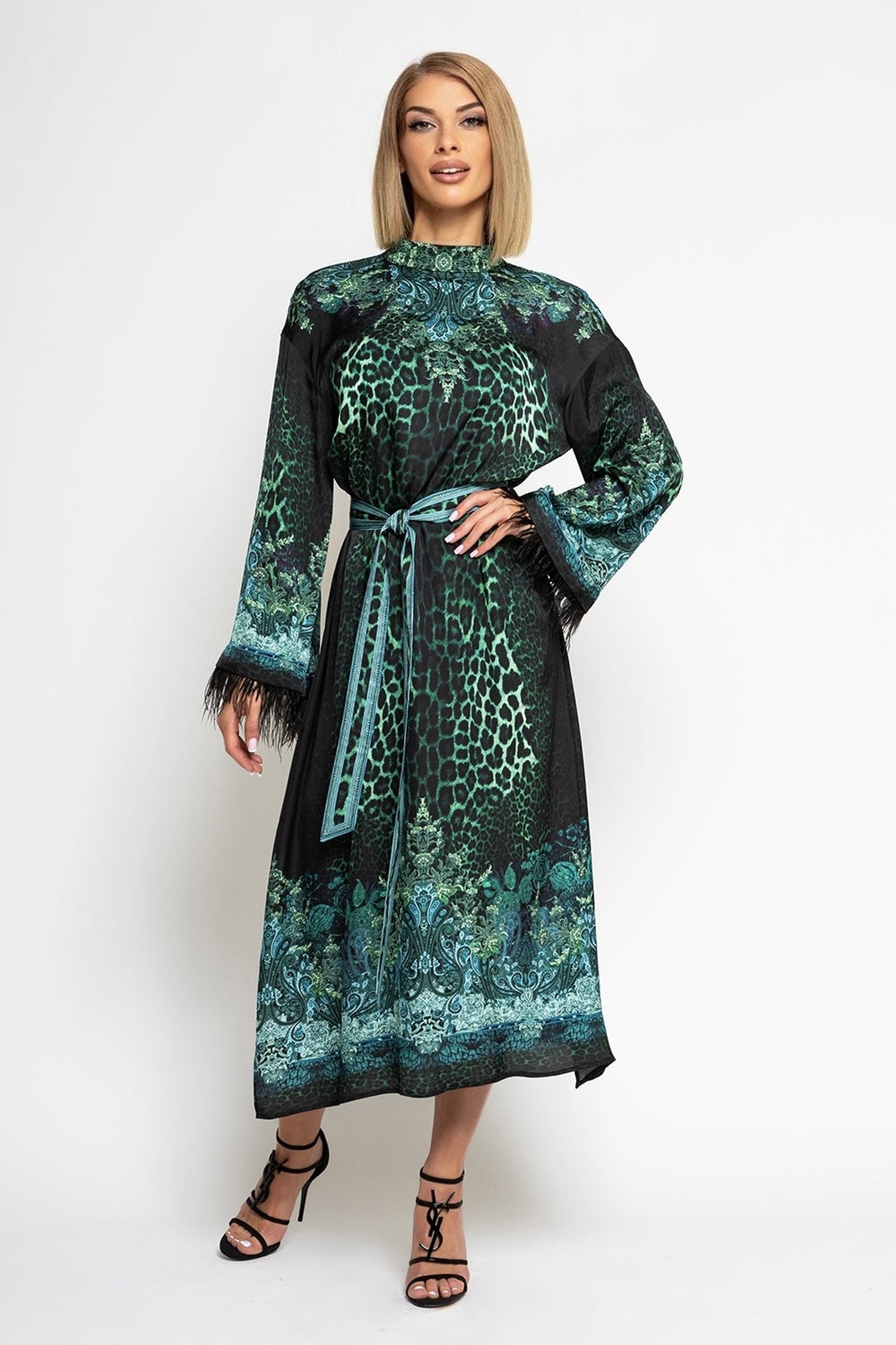 VISCOSE CAFTAN WITH FEATHERS - LEO NEON GREEN JIORO ΠΠΠ€Π’ΠΠ ΠΠ’ ΠΠΠ‘ΠΠΠΠ Π‘ ΠΠΠ Π - LEO NEON GREEN JIORO
