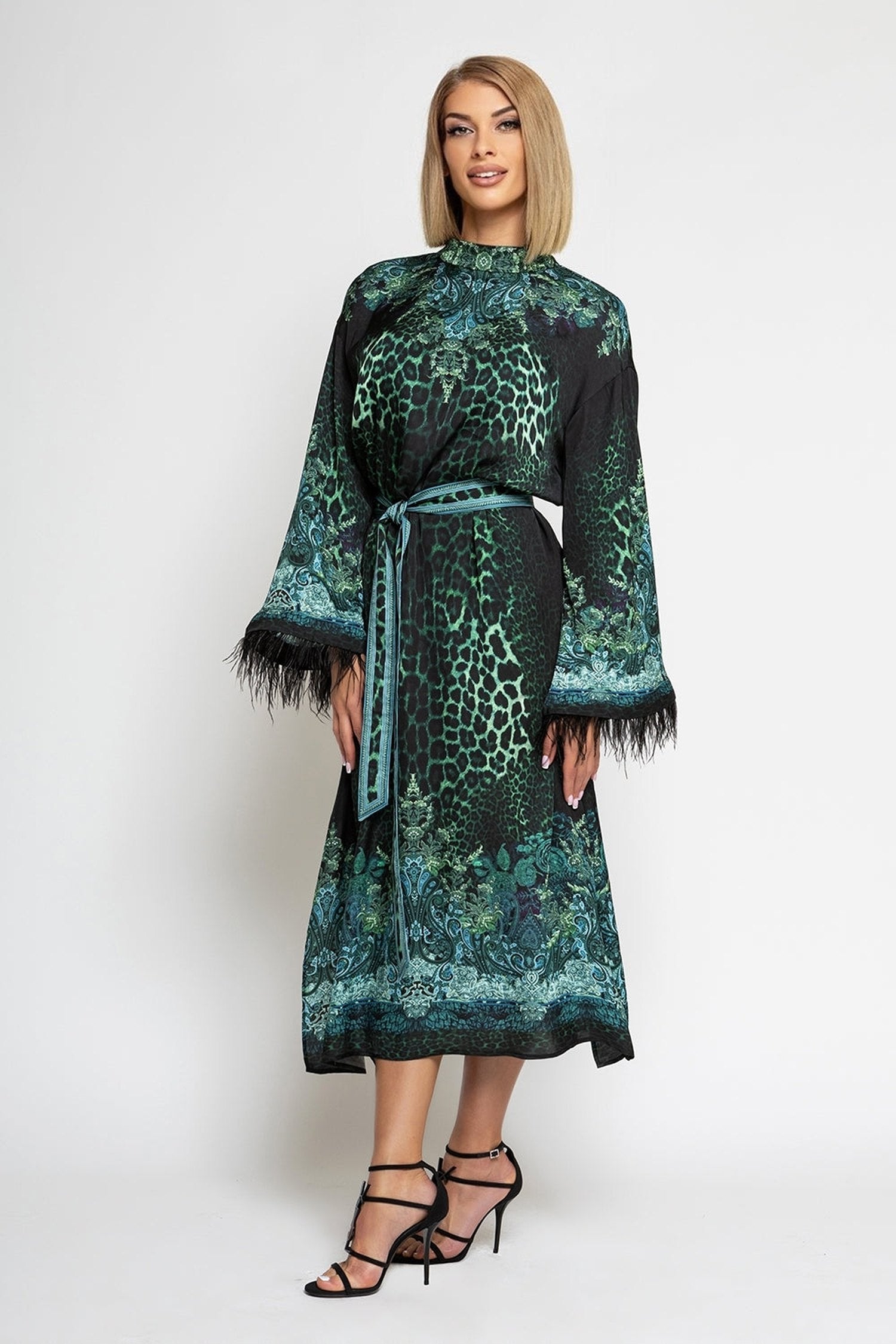 VISCOSE CAFTAN WITH FEATHERS - LEO NEON GREEN JIORO ΠΠΠ€Π’ΠΠ ΠΠ’ ΠΠΠ‘ΠΠΠΠ Π‘ ΠΠΠ Π - LEO NEON GREEN JIORO